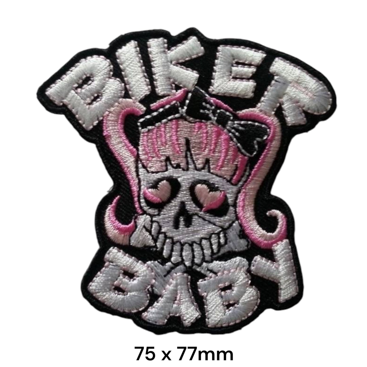 Biker Baby Skull with Bow Die-Cut Embroidered Patch 75x77mm – White/Silver, Pink & Black
