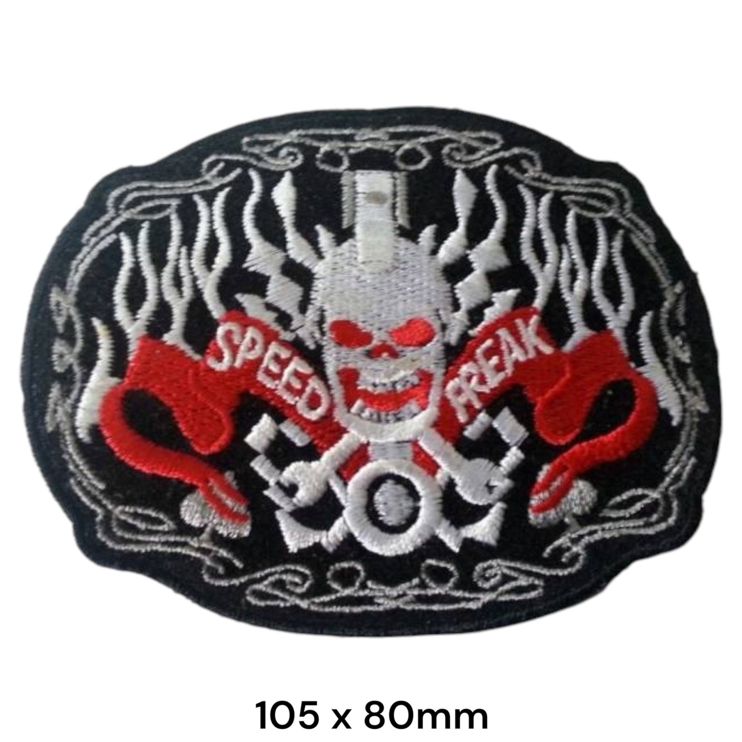 Speed Freak Skull Crossbones Flames Oval Embroidered Patch 105x80mm – White/Silver, Red & Black