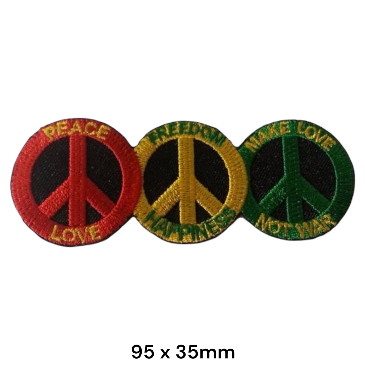 Peace Love Freedom Triple Peace Sign Rasta Embroidered Patch 95x35mm – Red, Yellow/Gold & Green