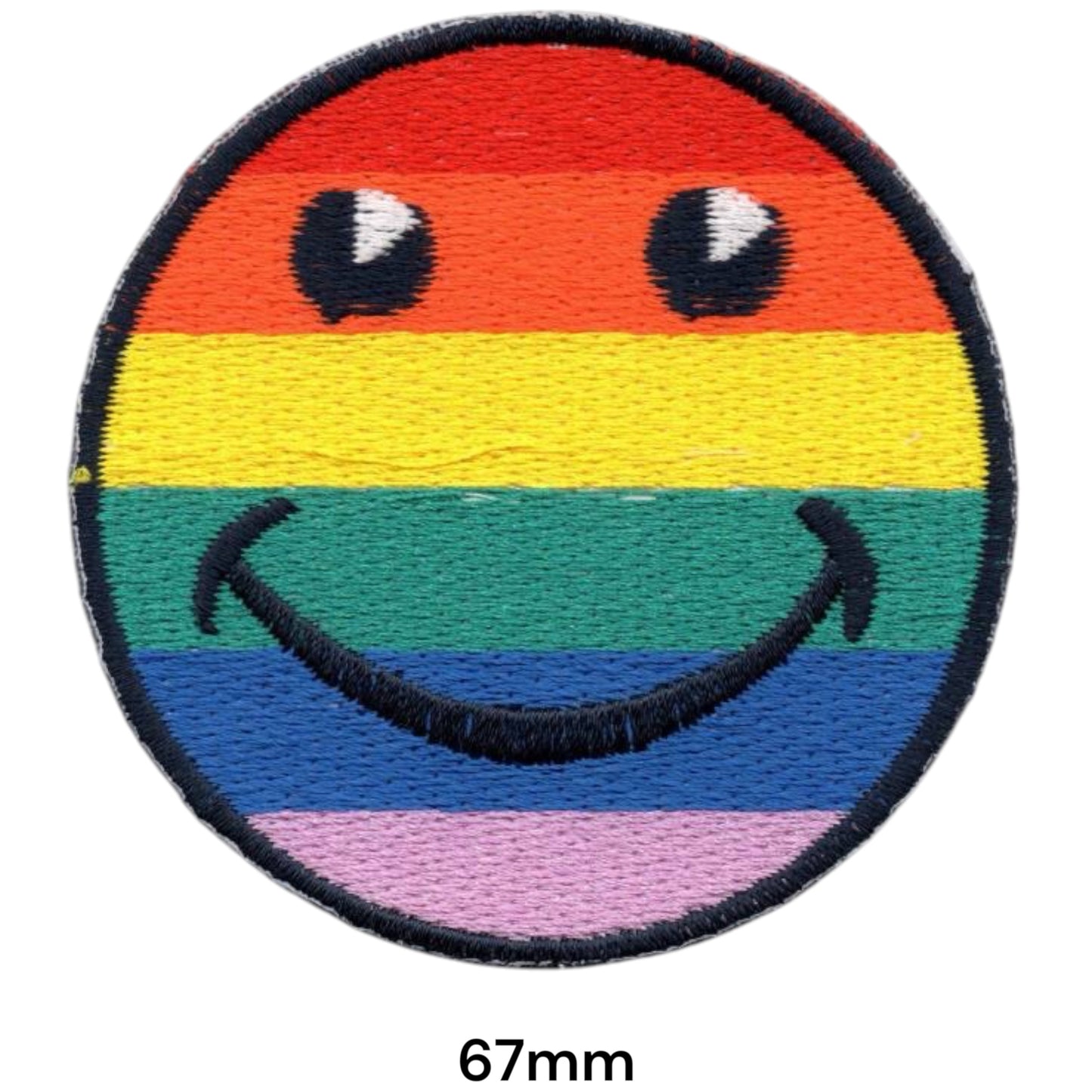 Rainbow Pride Smiley Face Round Embroidered Patch 67mm – Red, Orange, Yellow, Green, Blue, Pink & Black