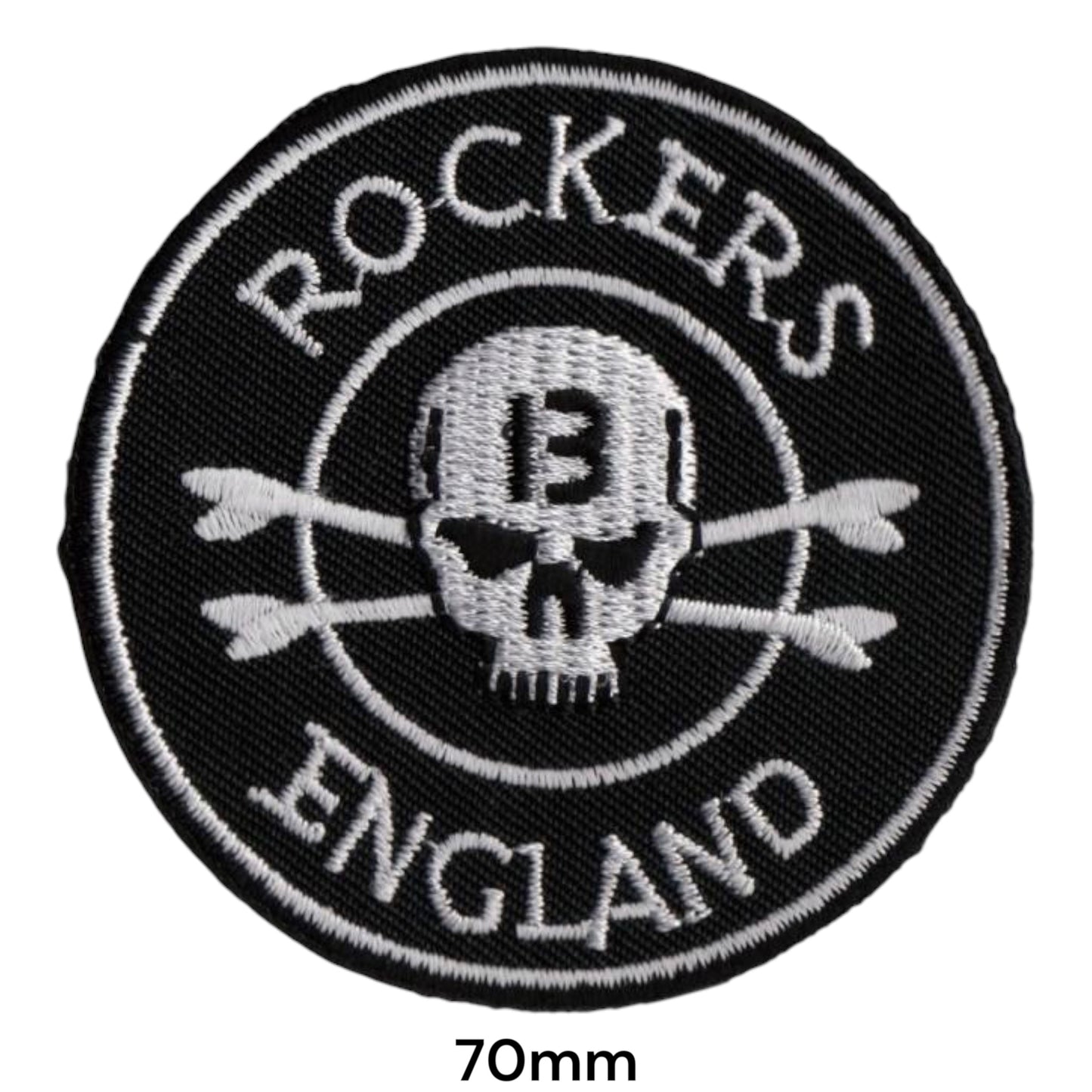 Rockers England Skull Lucky 13 Crossed Arrows Round Embroidered Patch 70mm – White/Silver & Black