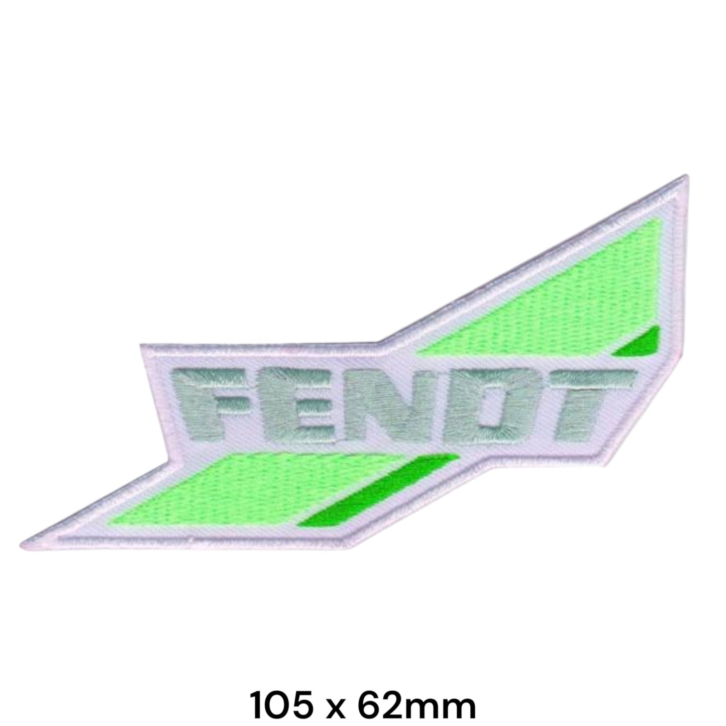 Fendt Tractor Logo Arrow-Shape Die-Cut Embroidered Patch 105x62mm – Light Green, Green & White