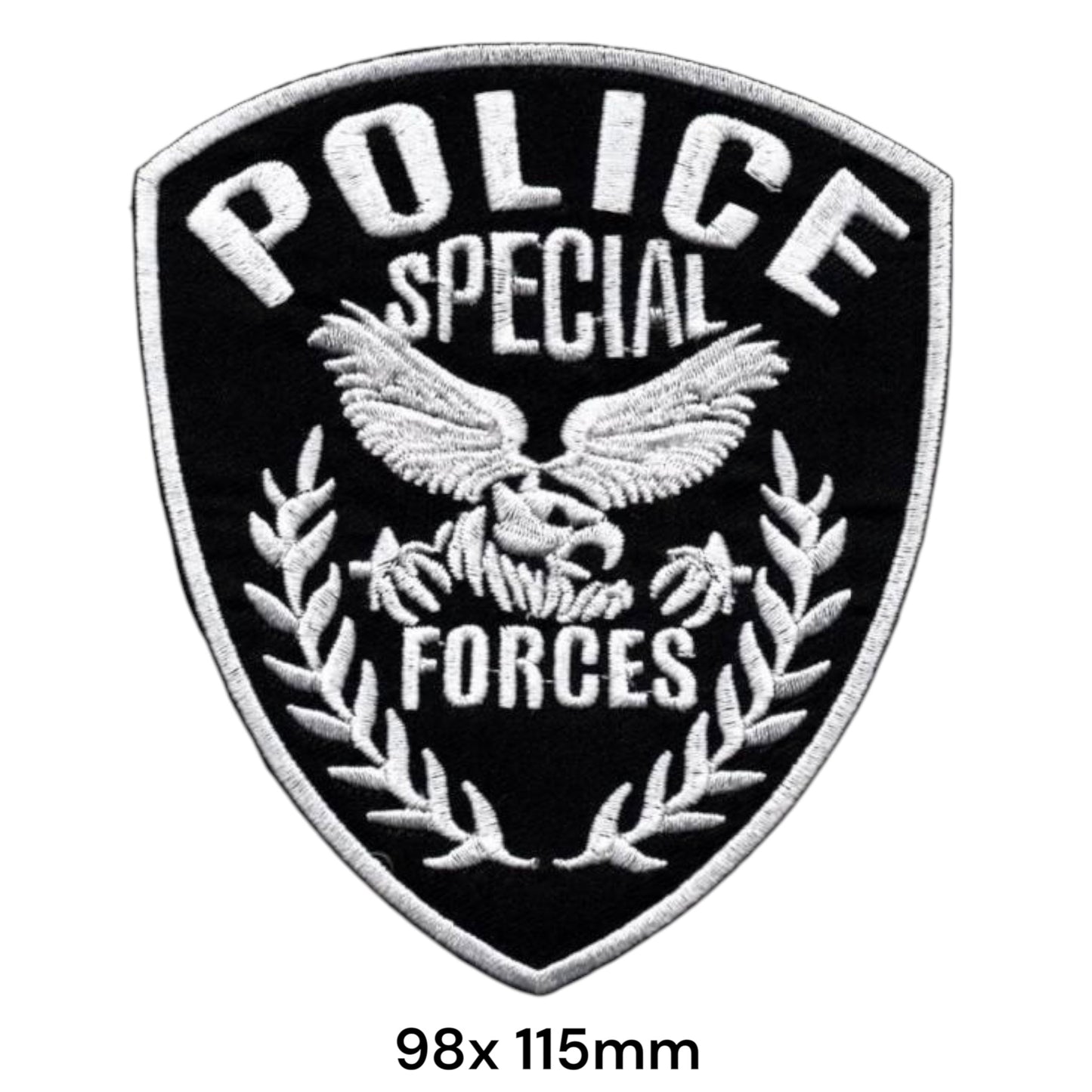 Police Special Forces Eagle Shield Embroidered Patch 98x115mm – White/Silver & Black