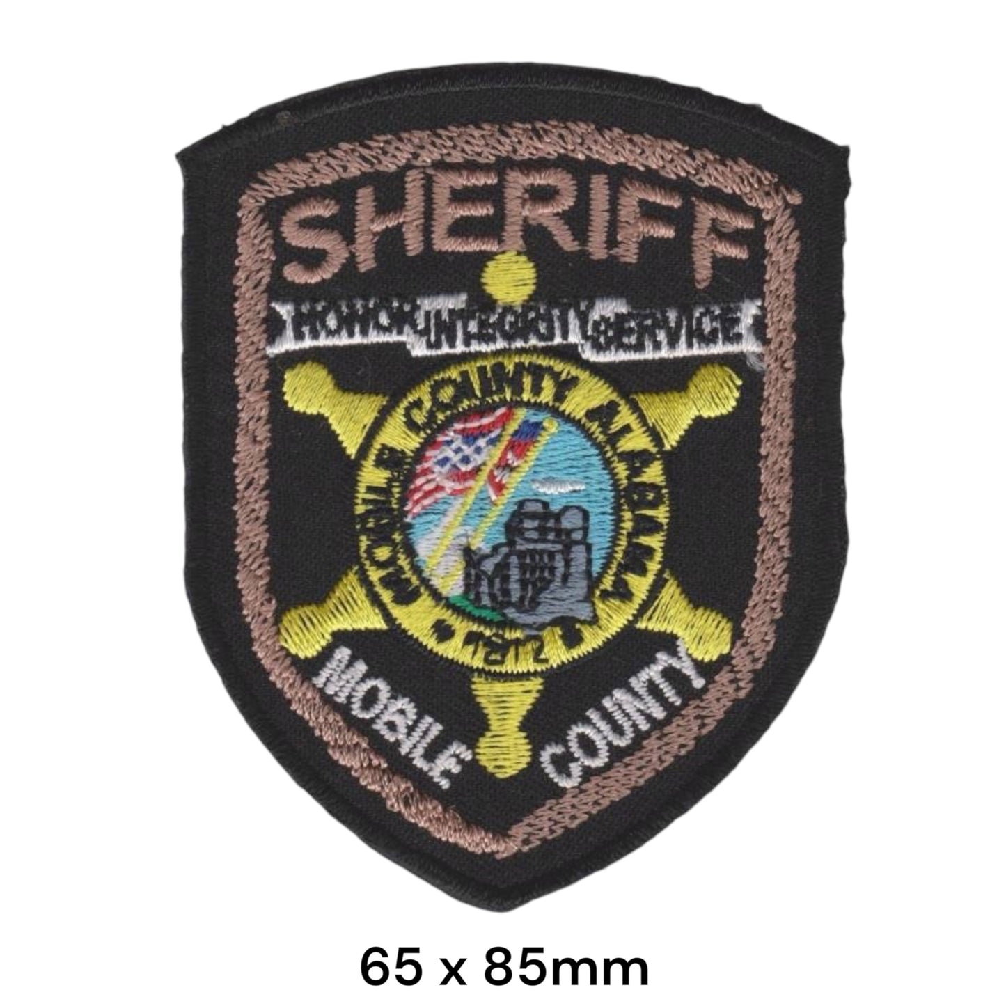 Mobile County Sheriff Honor Integrity Service Shield Embroidered Patch 65x85mm – Gold, Brown, White, Blue & Black