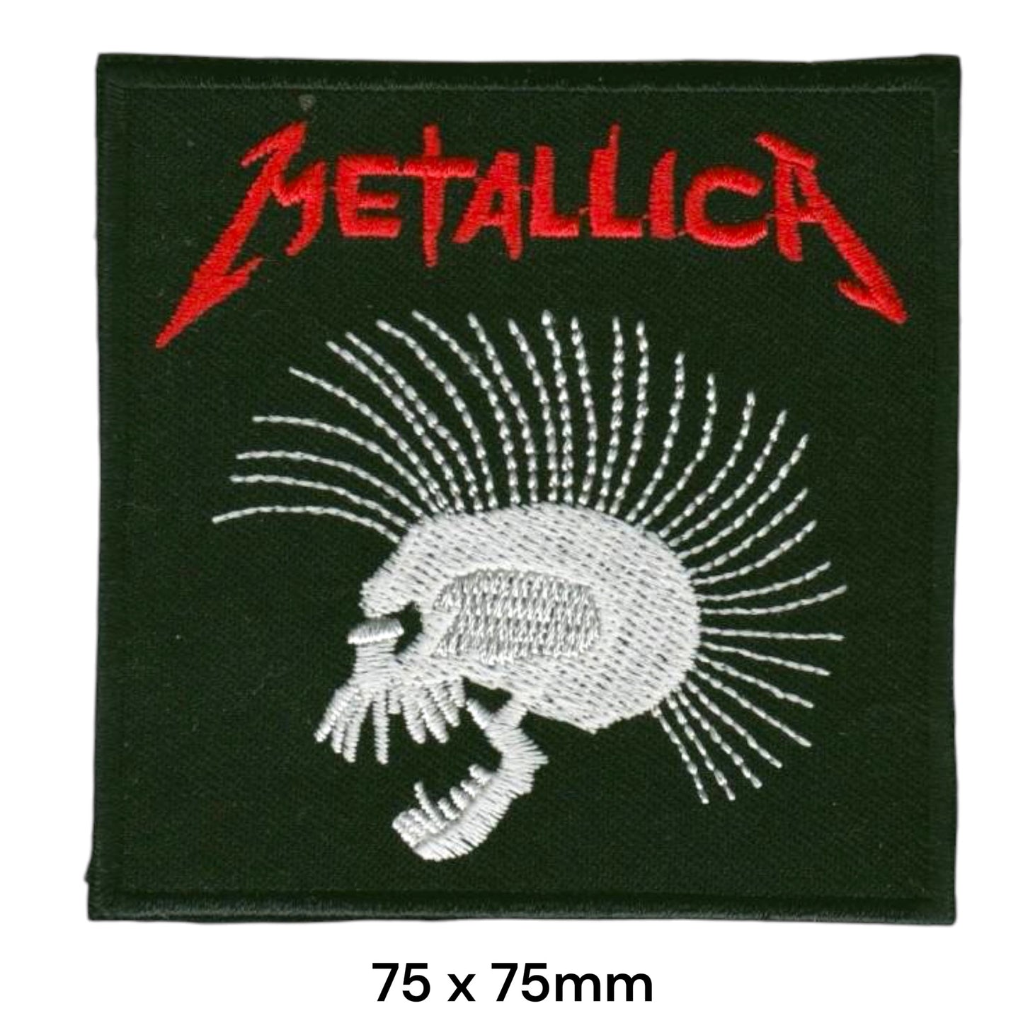 Metallica Scary Guy Mohawk Skull Square Embroidered Patch 75x75mm – Red, White/Silver & Black/Dark Green