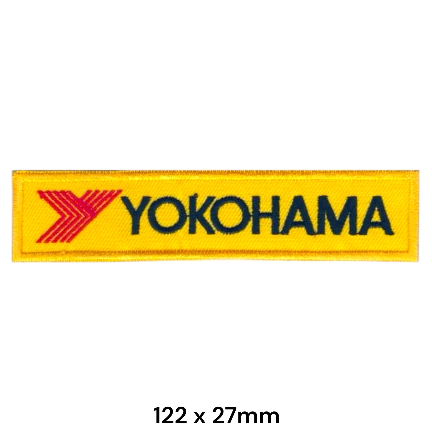 Yokohama Y Arrow Logo Wordmark Rectangular Embroidered Patch 122x27mm – Yellow, Red & Navy