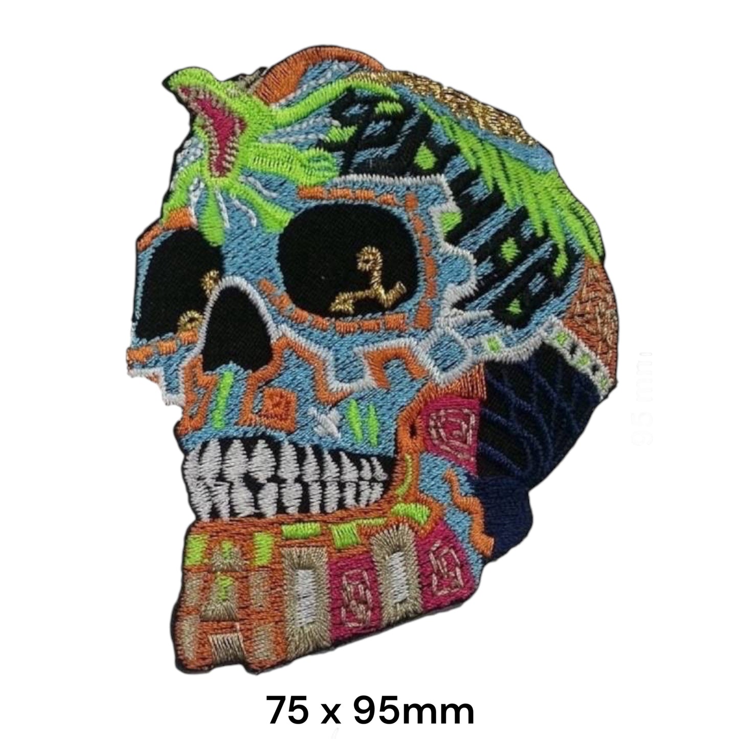 Colourful Patchwork Skull Side Profile Die-Cut Embroidered Patch 75x95mm – Multicolor Blue, Green, Orange, Pink, Gold, White & Black