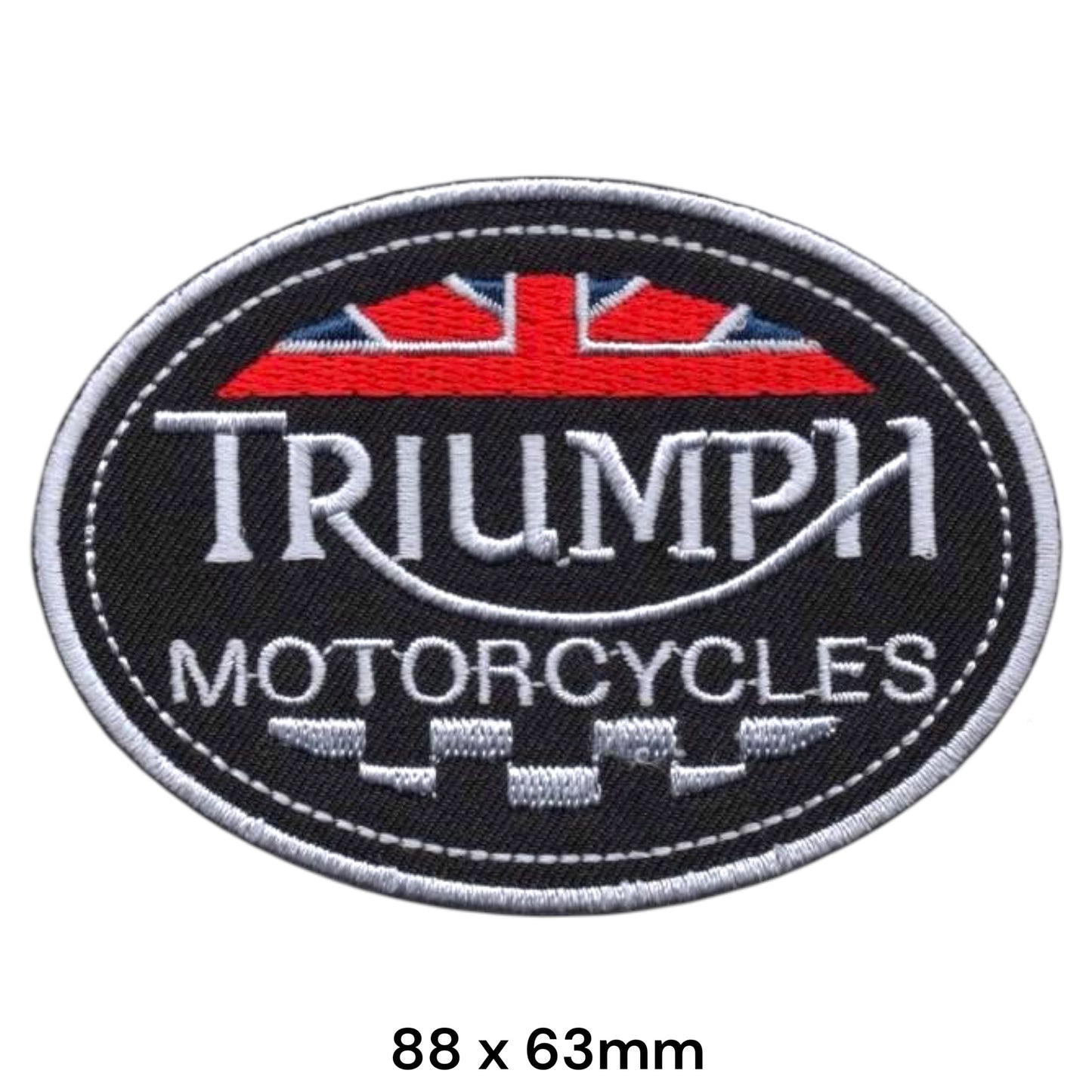 Triumph Motorcycles Union Jack Oval Embroidered Patch 88x63mm – White/Silver, Red, Blue & Black
