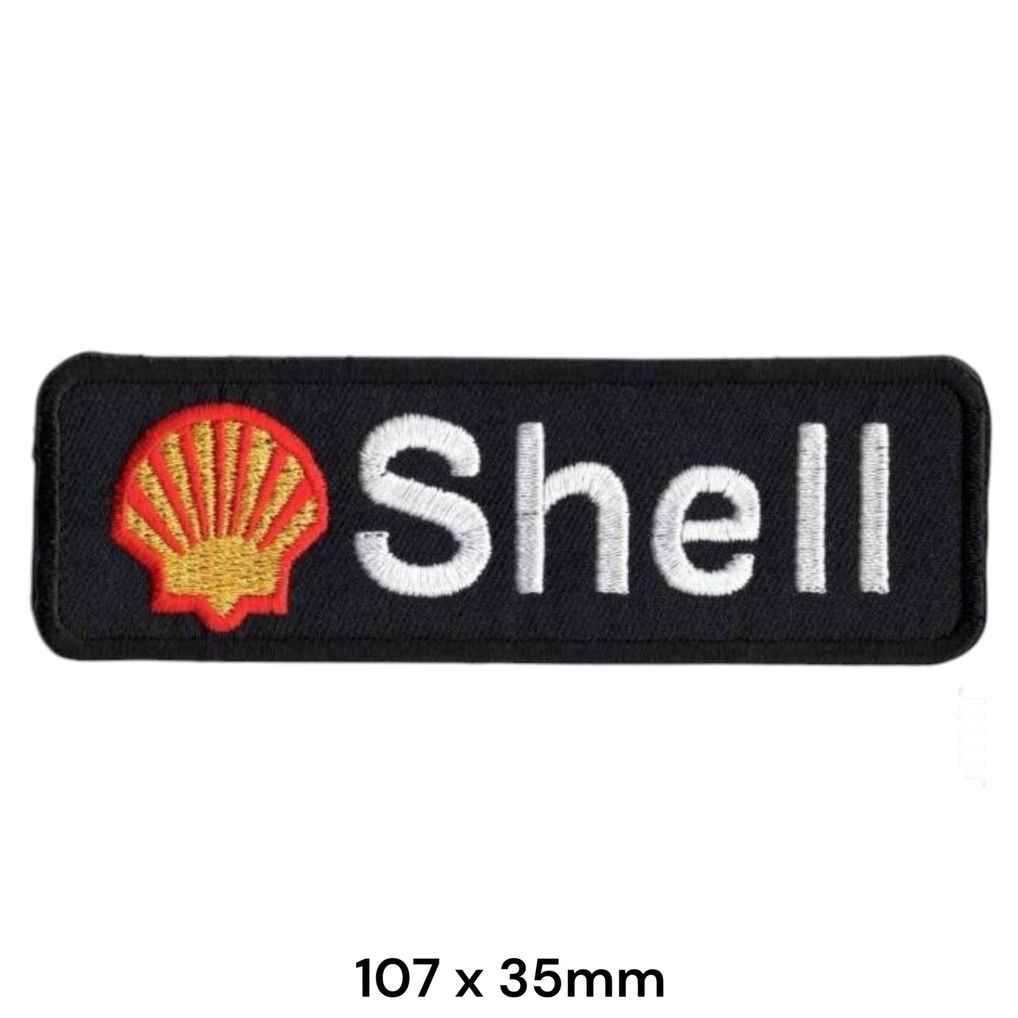 Shell Pecten Logo Wordmark Rectangular Embroidered Patch 107x35mm – Red, Gold/Yellow, White & Black
