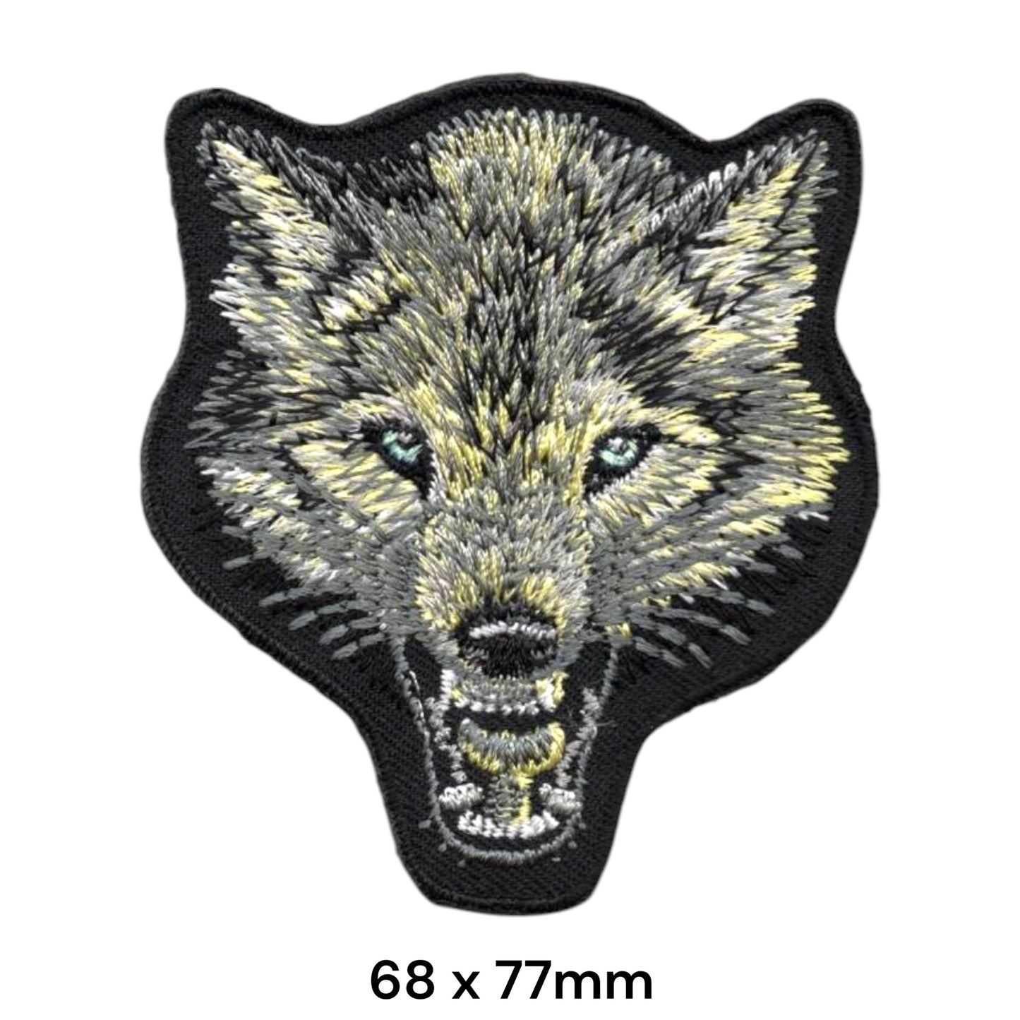 Growling Wolf Head Front-Facing Die-Cut Embroidered Patch 68x77mm – Grey, Beige/Yellow, Blue & Black