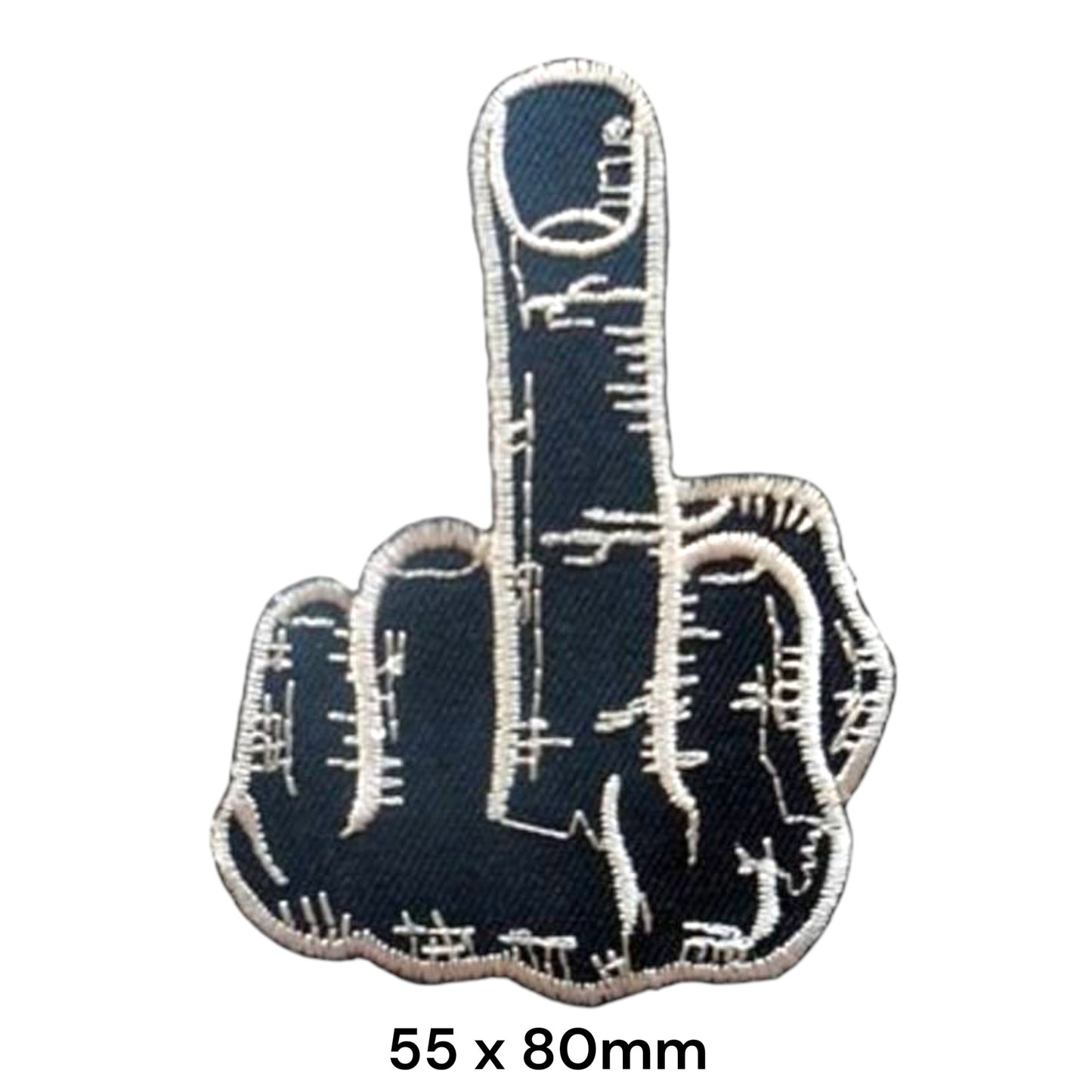Middle Finger Hand Gesture Die-Cut Embroidered Patch 55x80mm – White/Silver & Black