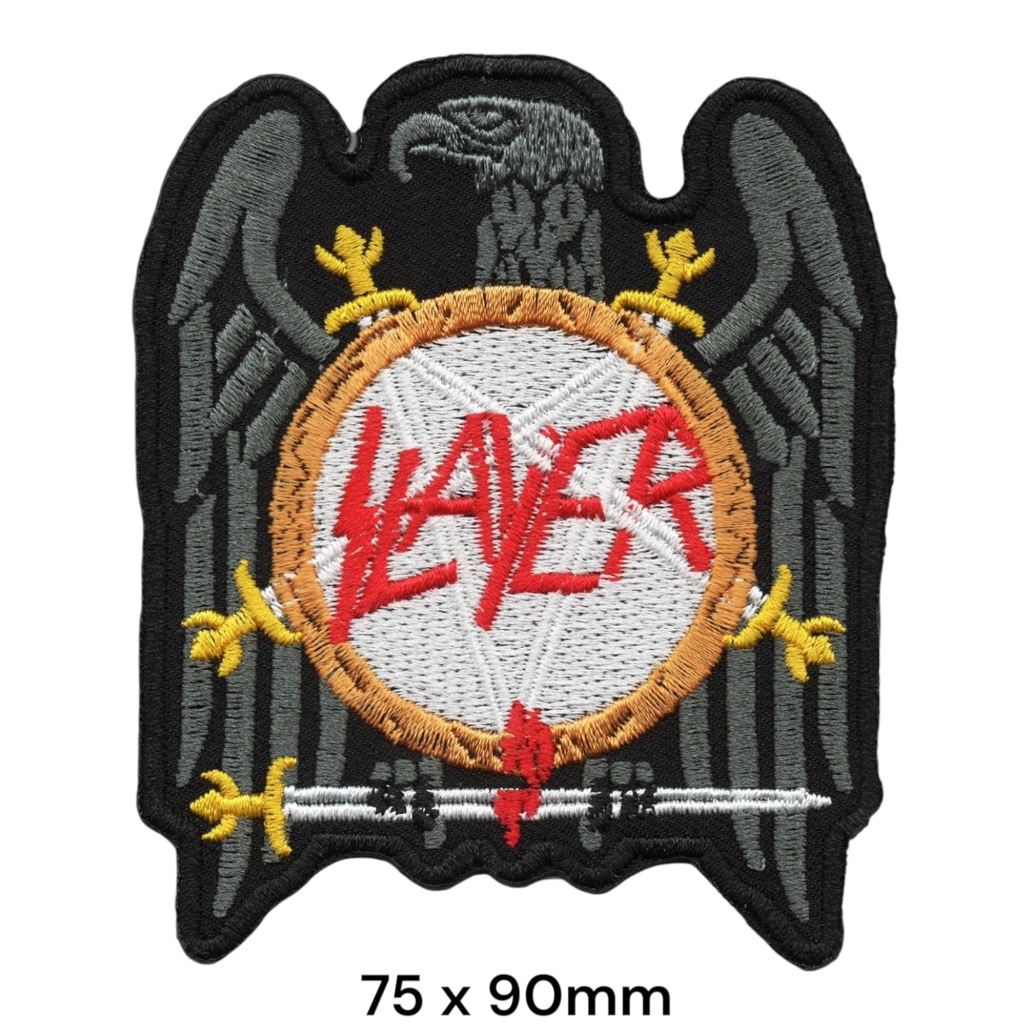 Slayer Eagle Pentagram Sword Die-Cut Embroidered Patch 75x90mm – Red, Gold/Yellow, Grey & Black