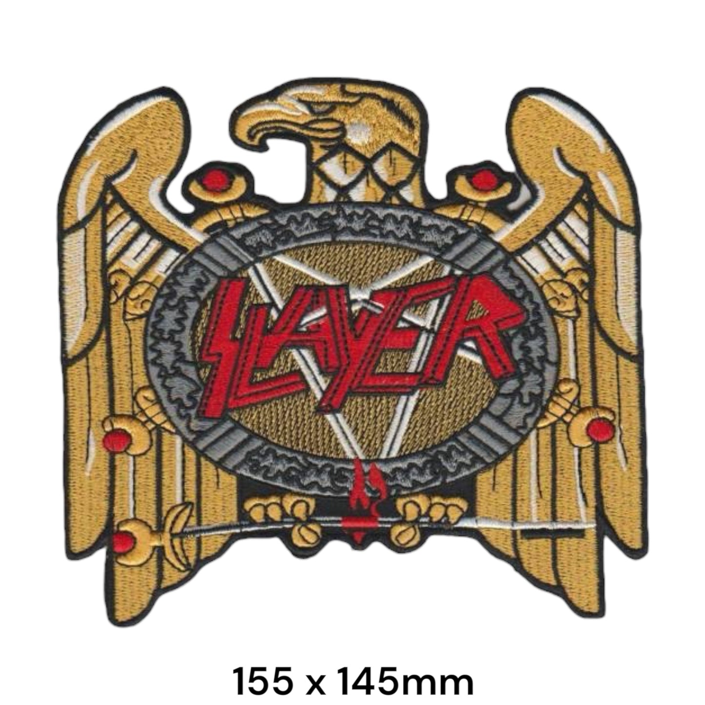 Slayer Heraldic Eagle Pentagram Shield Wordmark Large Die-Cut Embroidered Patch 155x145mm – Gold/Yellow, Red, Grey/Silver & Black