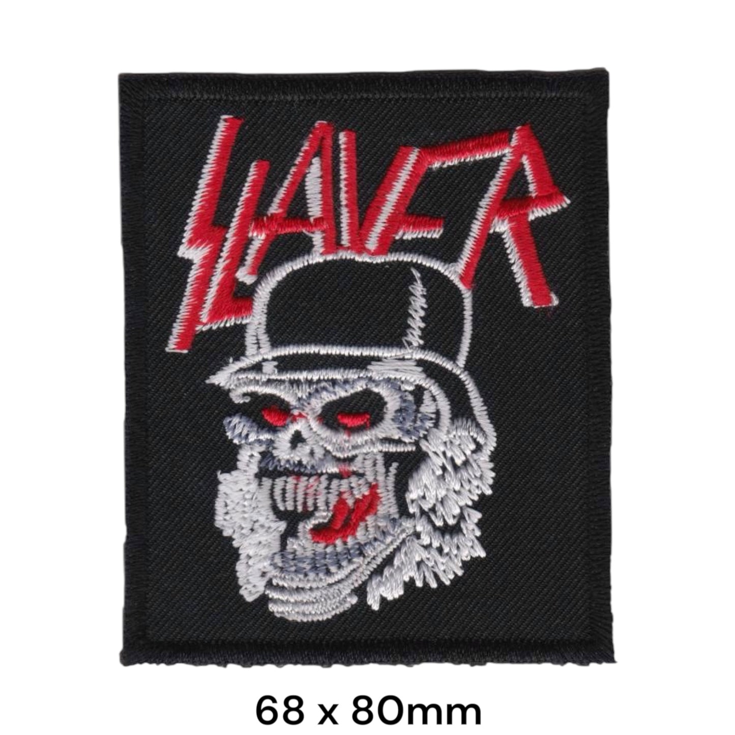Slayer Skull Military Helmet Red Eyes Wordmark Rectangular Embroidered Patch 68x80mm – Red, White/Silver & Black