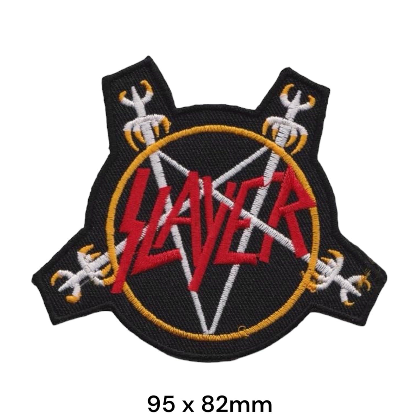 Slayer Pentagram Circle Upward Swords Wordmark Die-Cut Embroidered Patch 95x82mm – Red, Gold/Yellow, White/Silver & Black