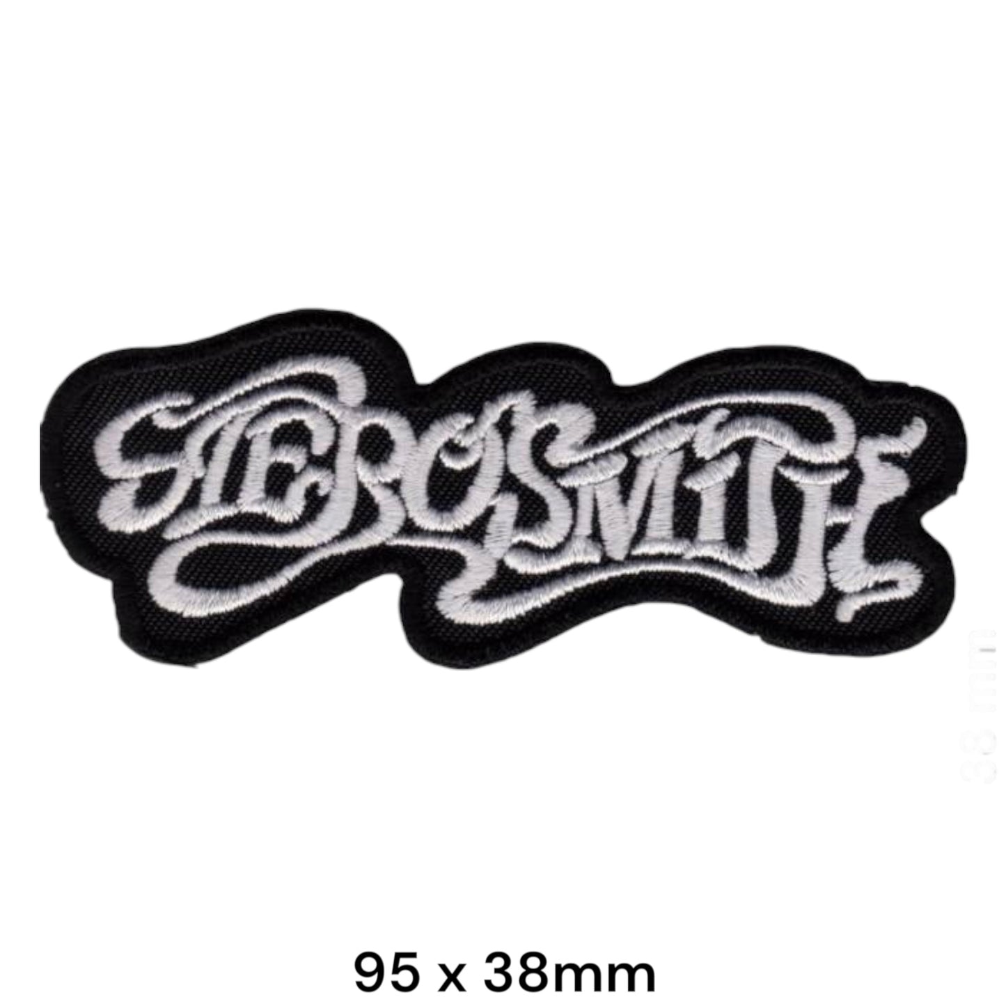 Aerosmith Script Wordmark Small Die-Cut Embroidered Patch 95x38mm – White/Silver & Black