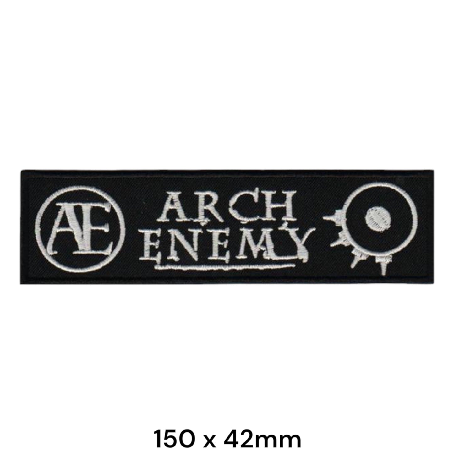 Arch Enemy AE Circle Logo Wordmark Gear Large Rectangular Embroidered Patch 150x42mm – White/Silver & Black