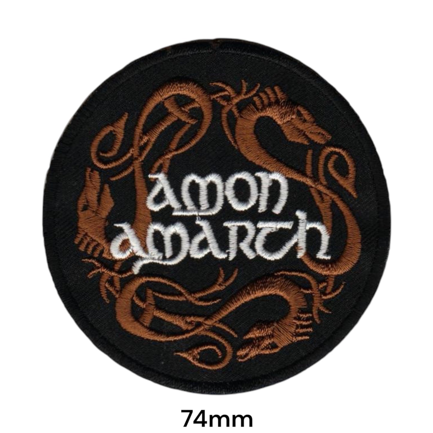 Amon Amarth Wordmark Twin Dragons Round Embroidered Patch 74mm – White/Silver, Bronze/Brown & Black