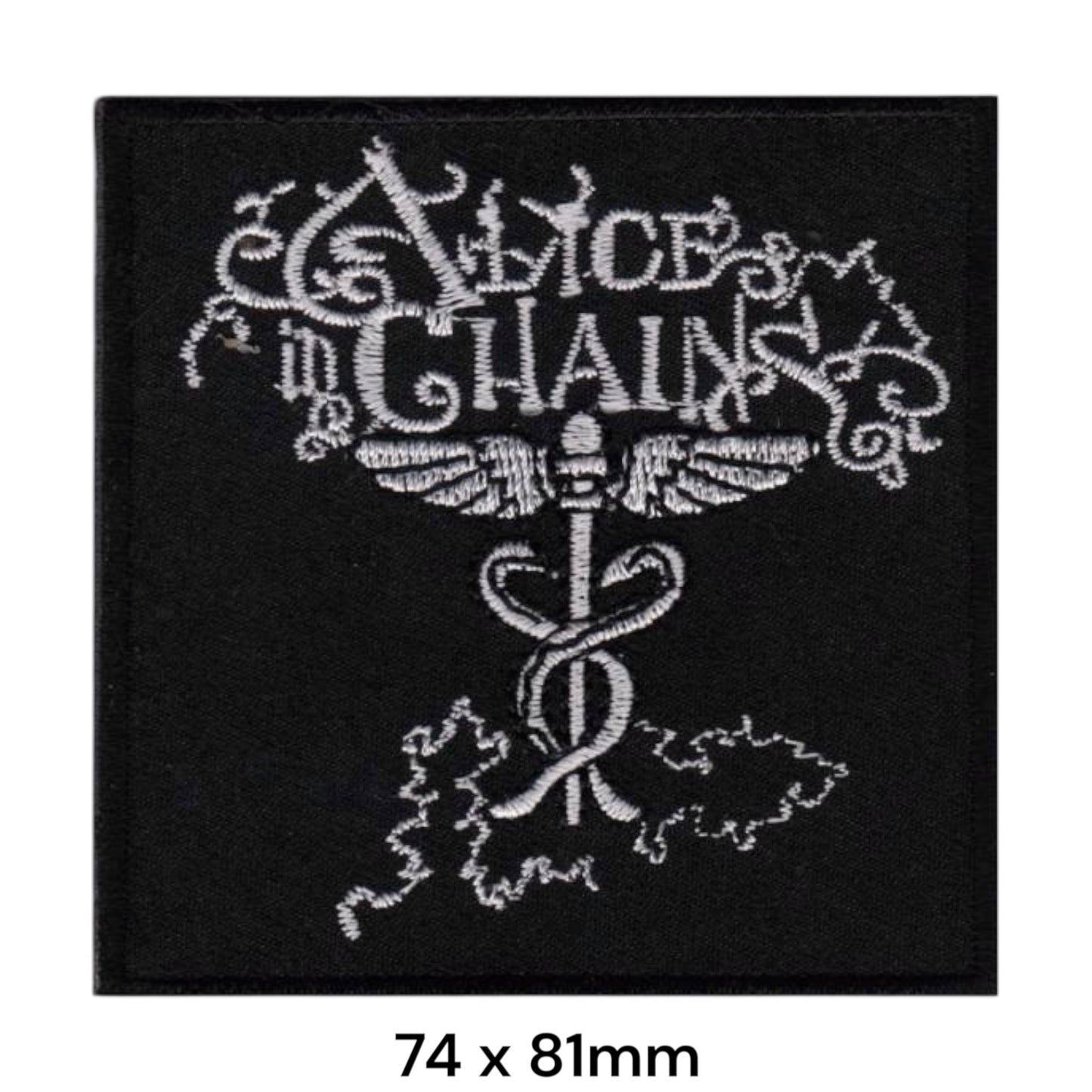 Alice In Chains Wordmark Caduceus Vine Square Embroidered Patch 74x81mm – White/Silver & Black