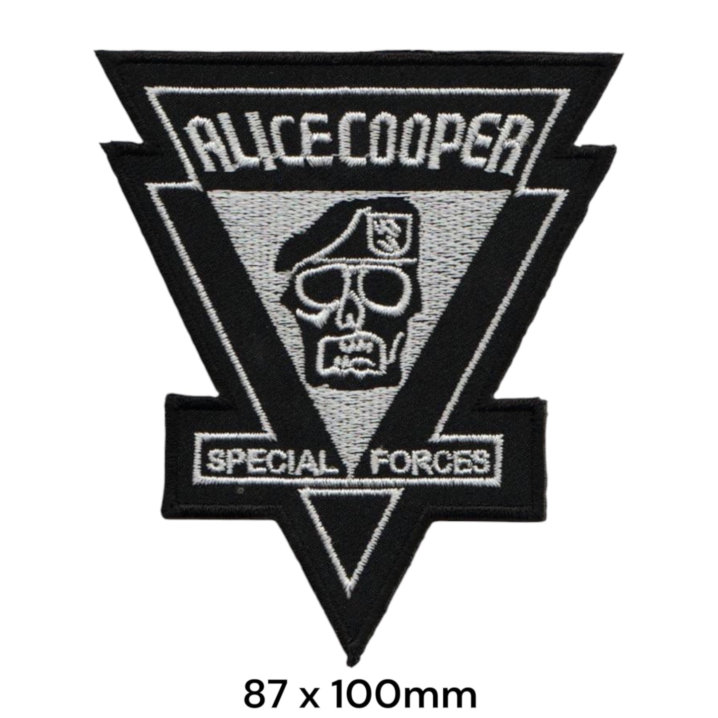 Alice Cooper Special Forces Skull Beret Triangle Embroidered Patch 87x100mm – White/Silver & Black