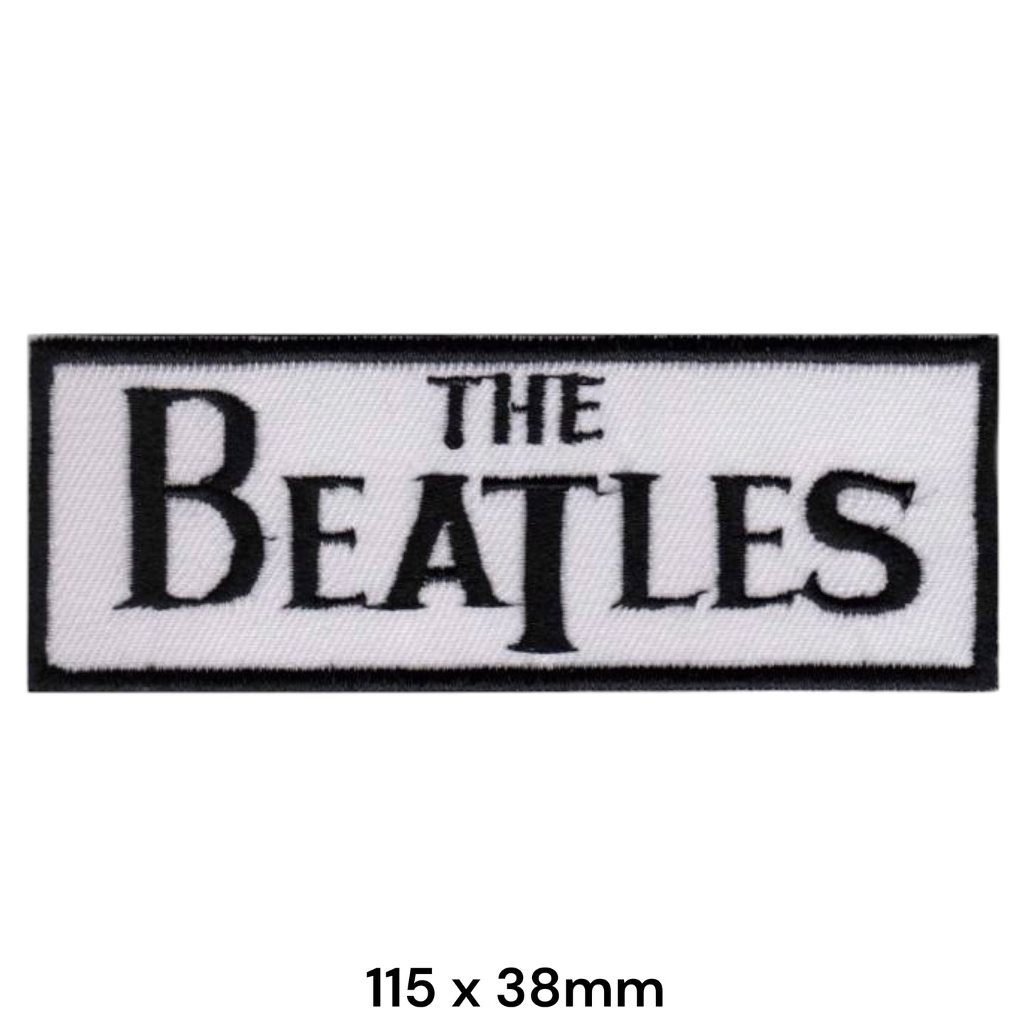 The Beatles Two-Line Drop-Shadow Wordmark Black on White Wide Rectangular Embroidered Patch 115x38mm – Black & White