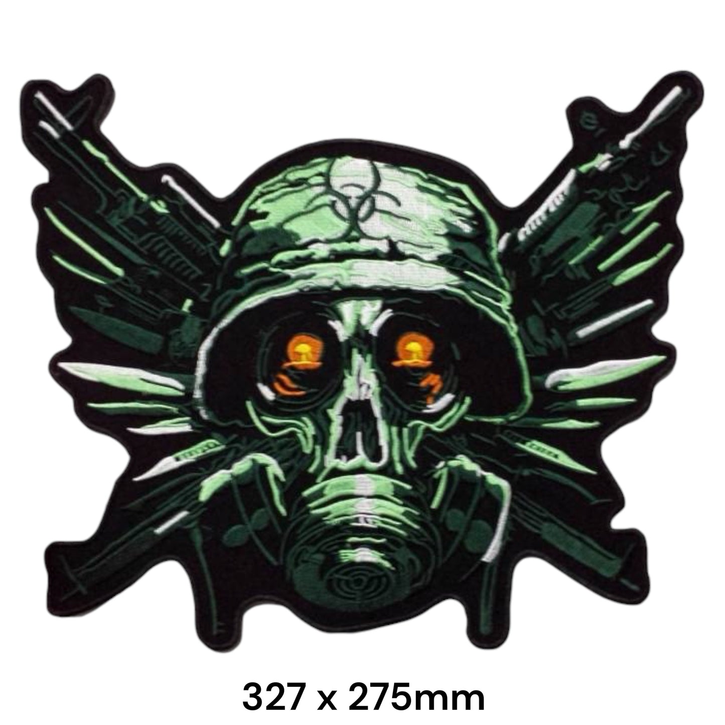Biohazard Skull Gas Mask Crossed Rifles Wings Large Back Patch 327x275mm – Green, Orange & Black