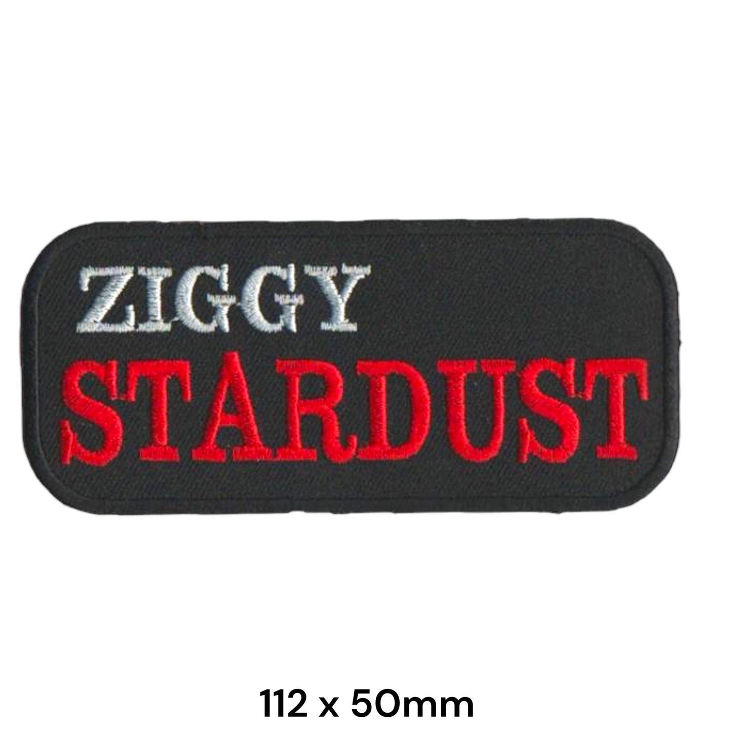 David Bowie Ziggy Stardust Text Rounded Rectangular Embroidered Patch 112x50mm – White/Silver, Red & Black