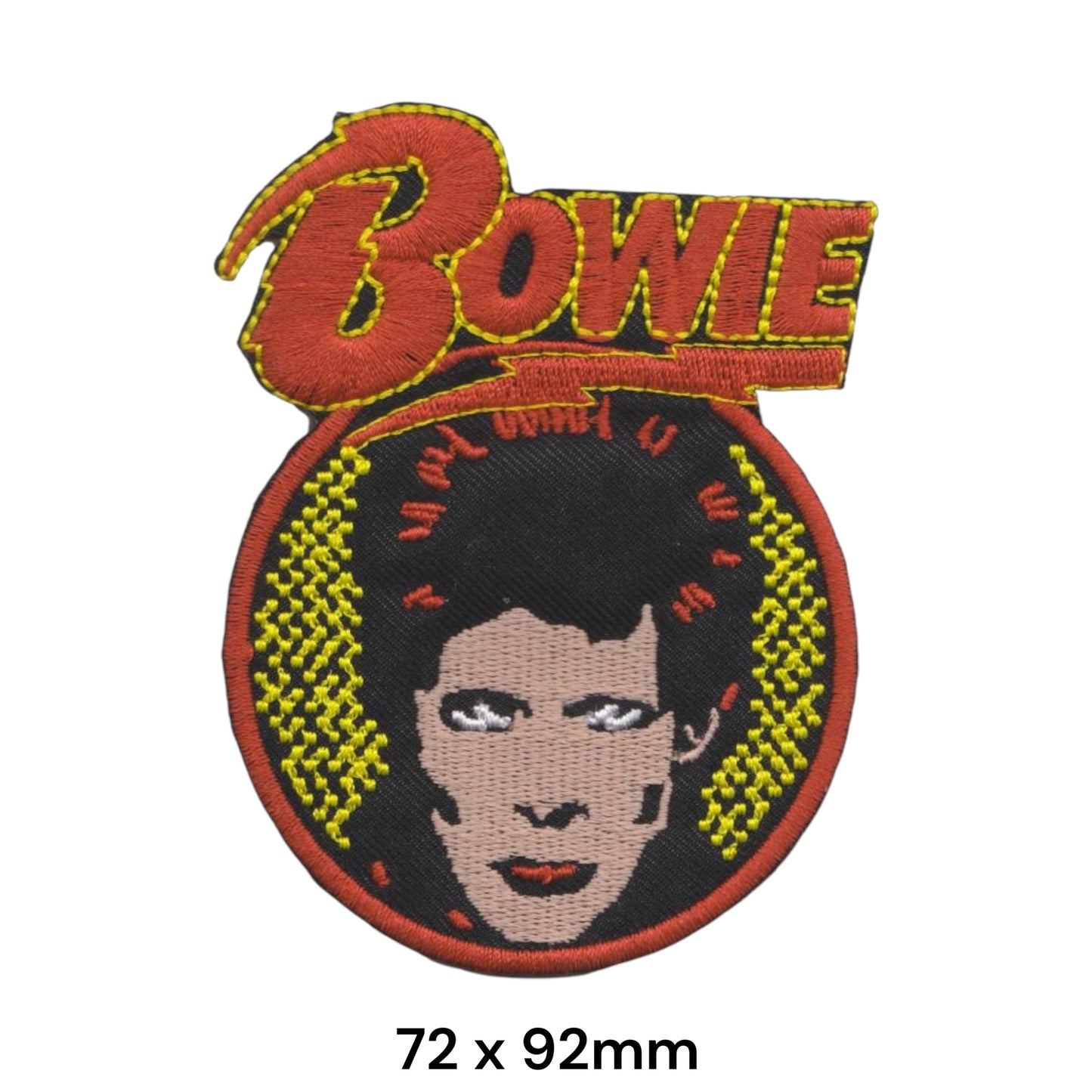David Bowie BOWIE Script Portrait Circle Die-Cut Embroidered Patch 72x92mm – Red, Orange, Yellow & Black