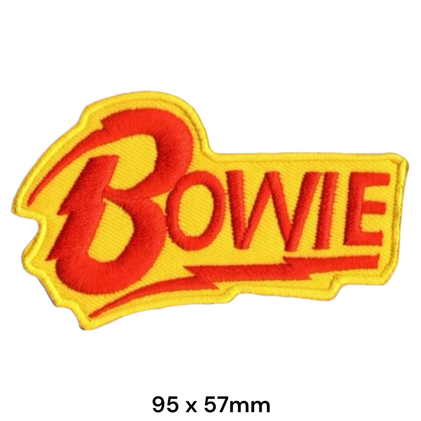 David Bowie BOWIE Script Lightning Bolt Die-Cut Embroidered Patch 95x57mm – Red & Yellow