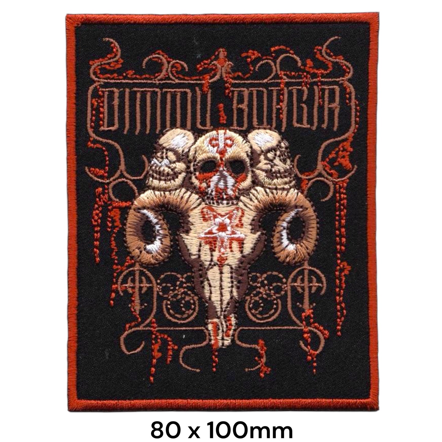 Dimmu Borgir Triple Skull Ram Horns Rectangular Embroidered Patch 80x100mm – Beige/Tan, Red & Black