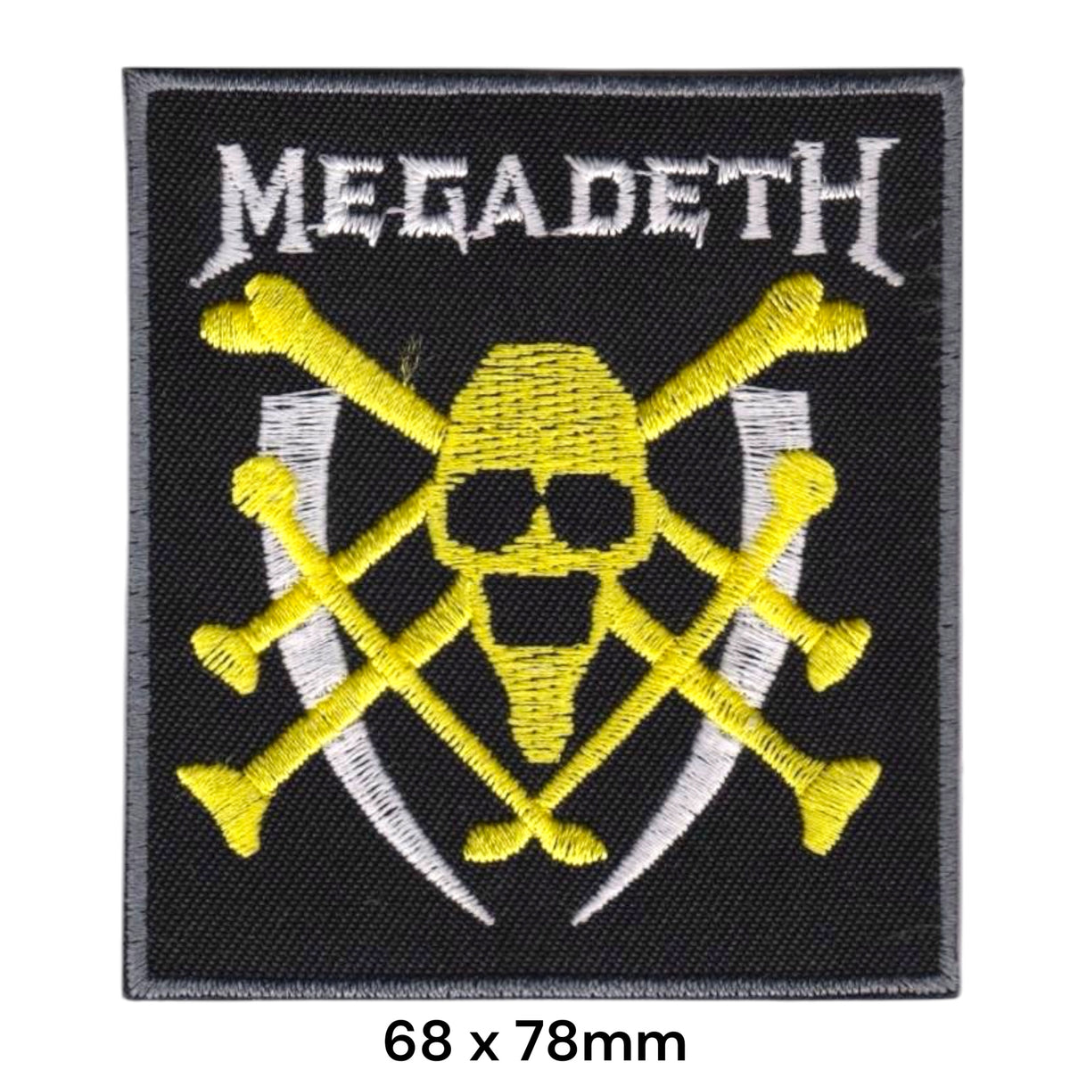 Megadeth Vic Rattlehead Skull Crossbones Yellow White Black Embroidered Patch 68x78mm