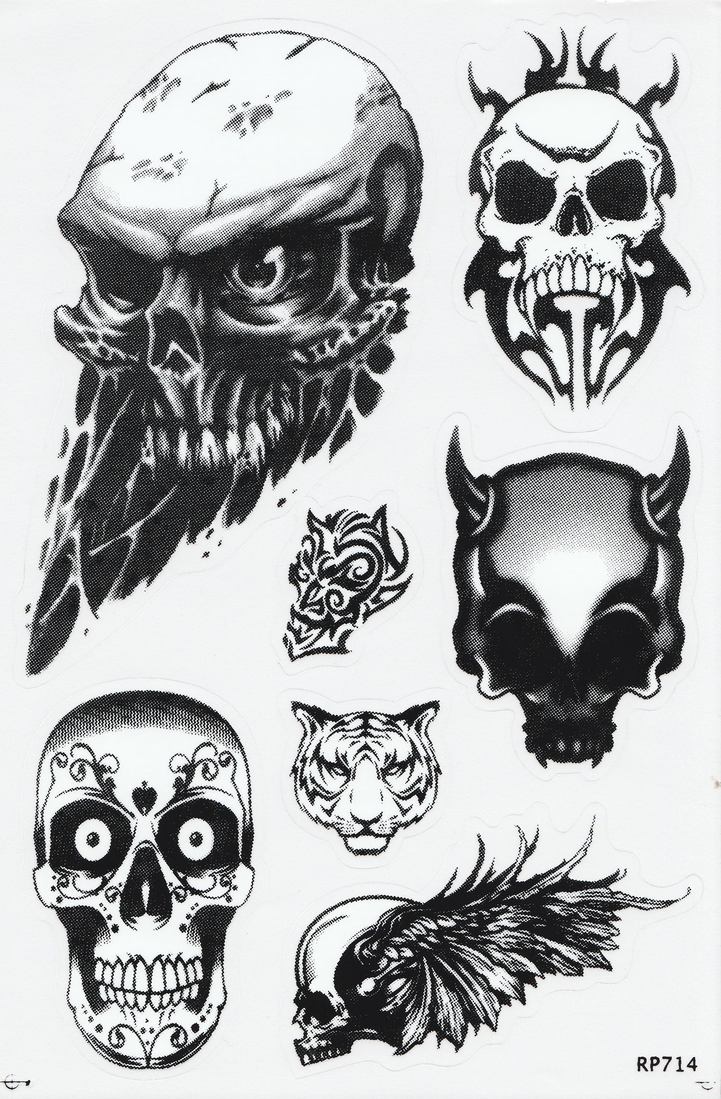Skull Tiger Tattoo Sticker Sheet | Biker Dark Art Decal RP714