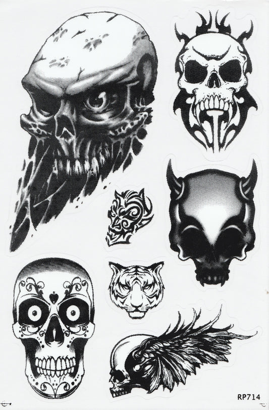 Skull Tiger Tattoo Sticker Sheet | Biker Dark Art Decal RP714