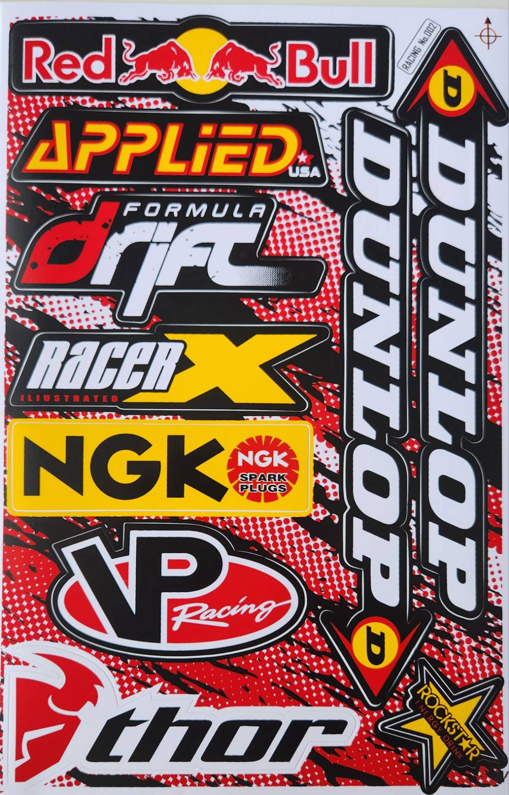 Applied Dunlop NGK VP Racing Thor Rockstar Formula Drift Sticker Sheet | Motocross Decal No.002