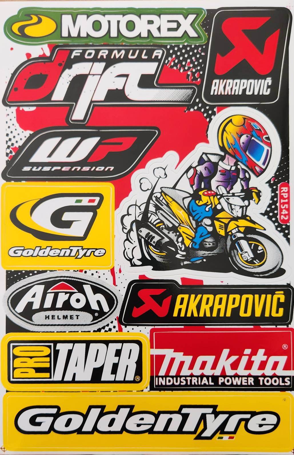 Motorex Formula Drift Akrapovic WP Suspension GoldenTyre Airoh ProTaper Makita Sticker Sheet | RP1542