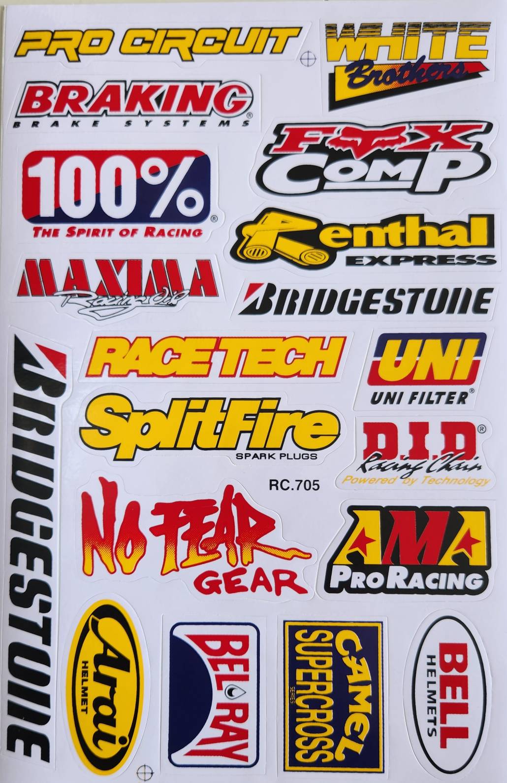 Pro Circuit White Brothers Braking Fox Comp 100% Renthal Maxima Bridgestone Race Tech UNI SplitFire DID No Fear AMA Arai Bel-Ray Camel Bell Sticker Sheet | Motocross Decal RC705