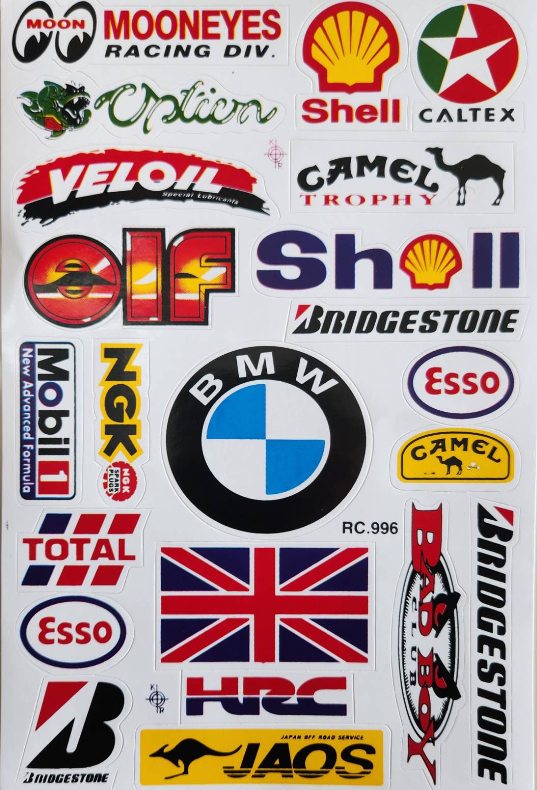 Mooneyes Shell Caltex Elf BMW Mobil NGK Esso Total Bridgestone HRC Camel JAOS Racing Sticker Sheet RC996