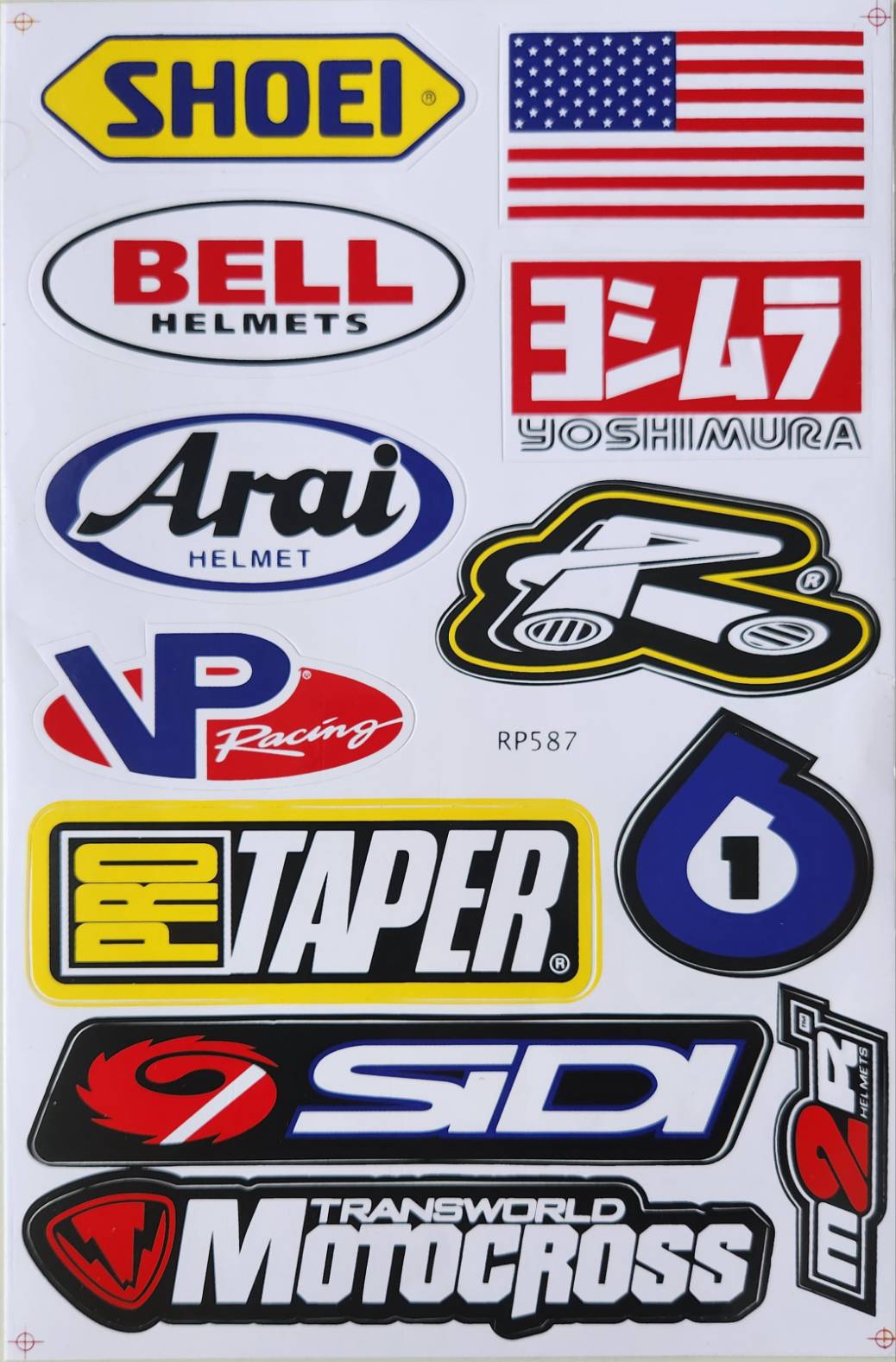 Shoei Bell Arai Yoshimura Fox VP Racing Pro Taper SDI Transworld Motocross Sticker Sheet RP587