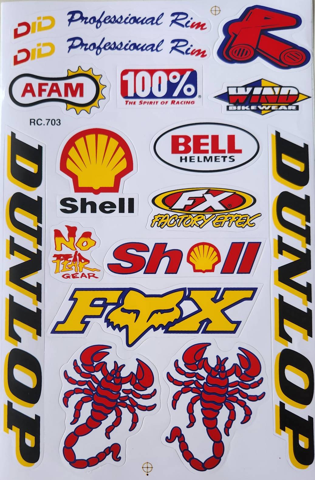 DID AFAM 100% Bell Shell Fox Racing Dunlop No Fear FX Brembo Scorpion Motocross Sticker Sheet RC703
