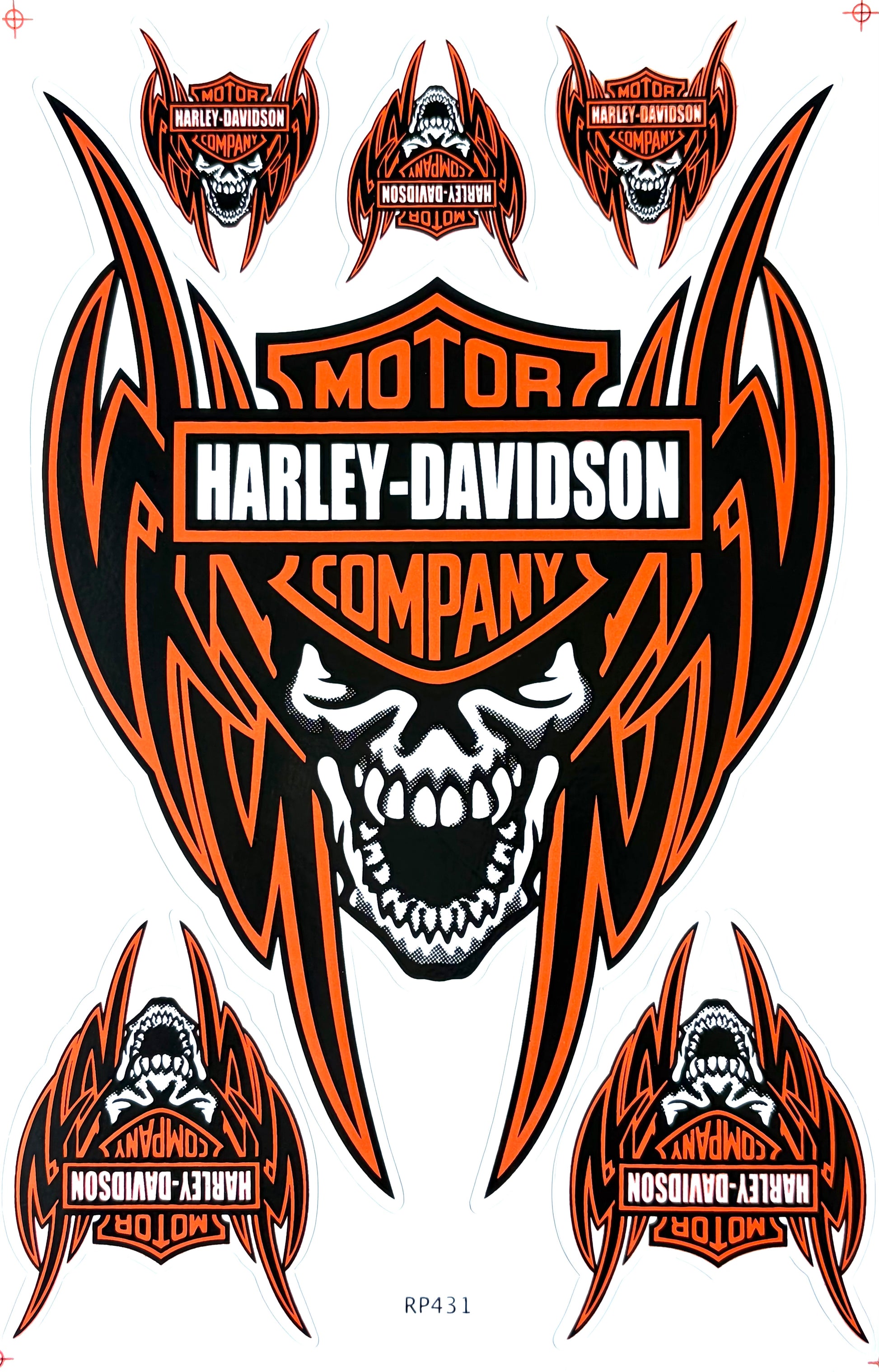 Harley-Davidson Motor Company Skull Wings Sticker Sheet Orange Black RP431