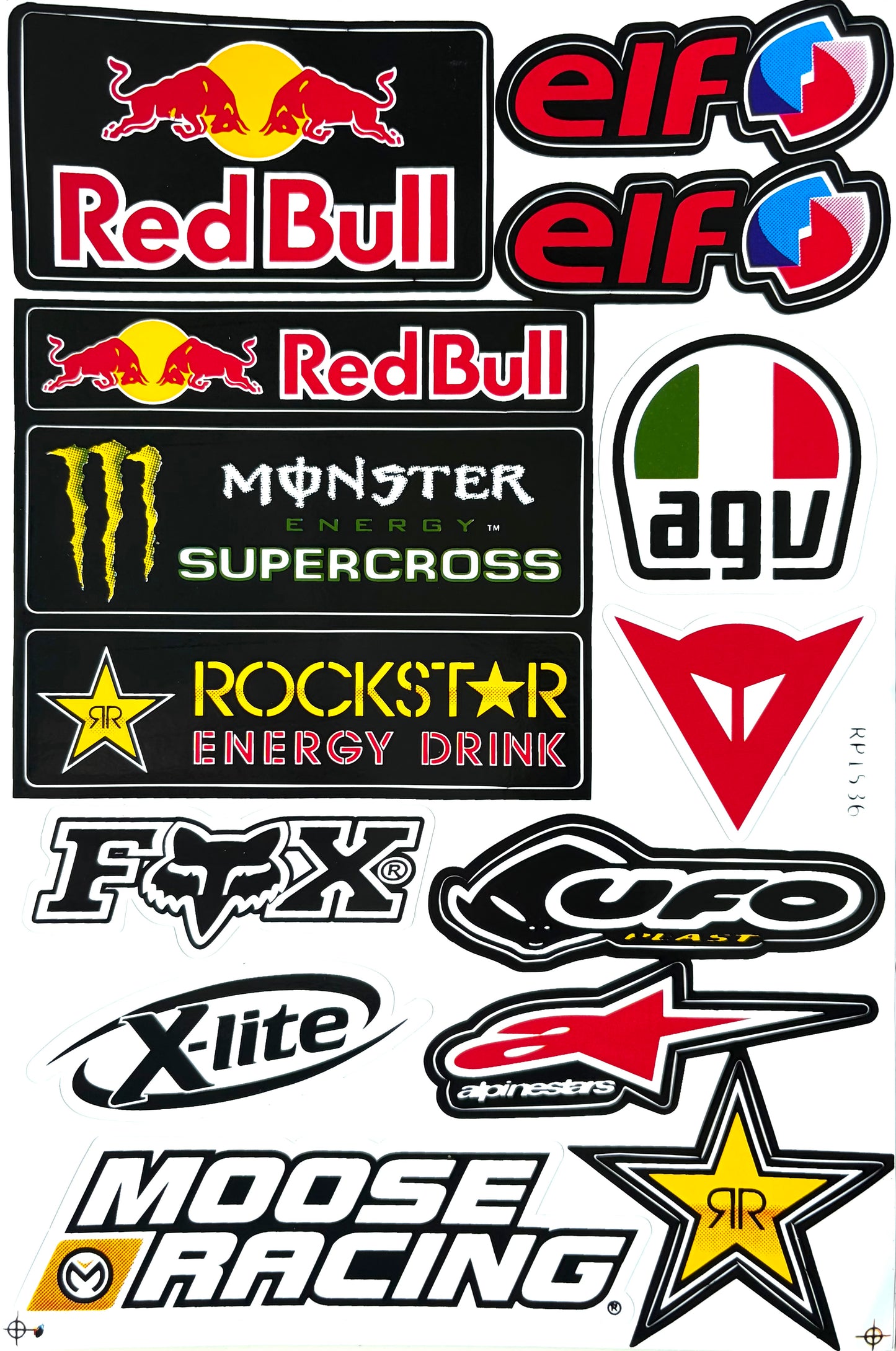 Elf Monster Energy Rockstar AGV Dainese Fox UFO X-lite Alpinestars Moose Racing Motocross Sticker Sheet RP1538