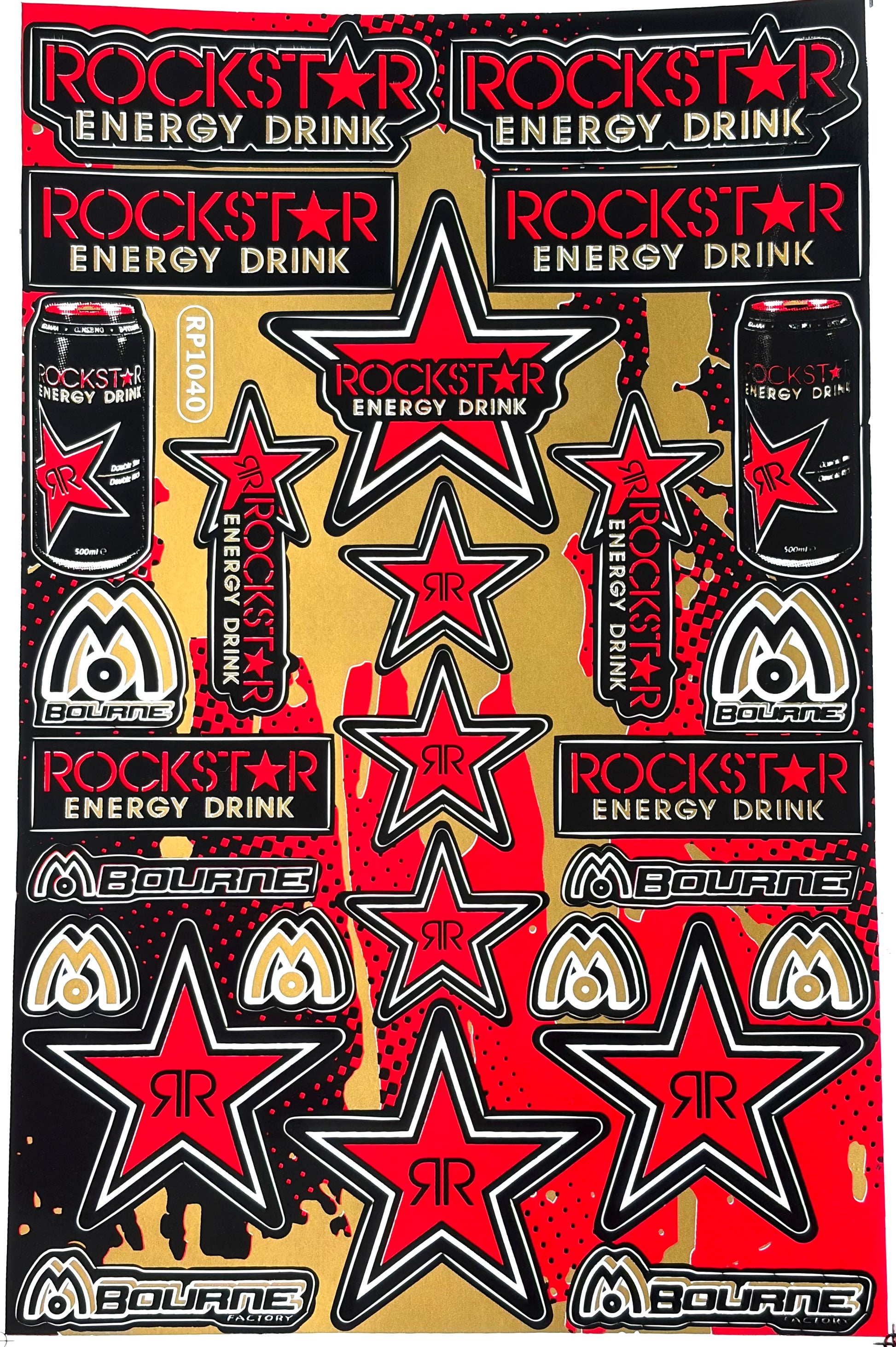 Rockstar Energy Drink Bourne Factory Motocross Sticker Sheet Red Gold Black RP1040