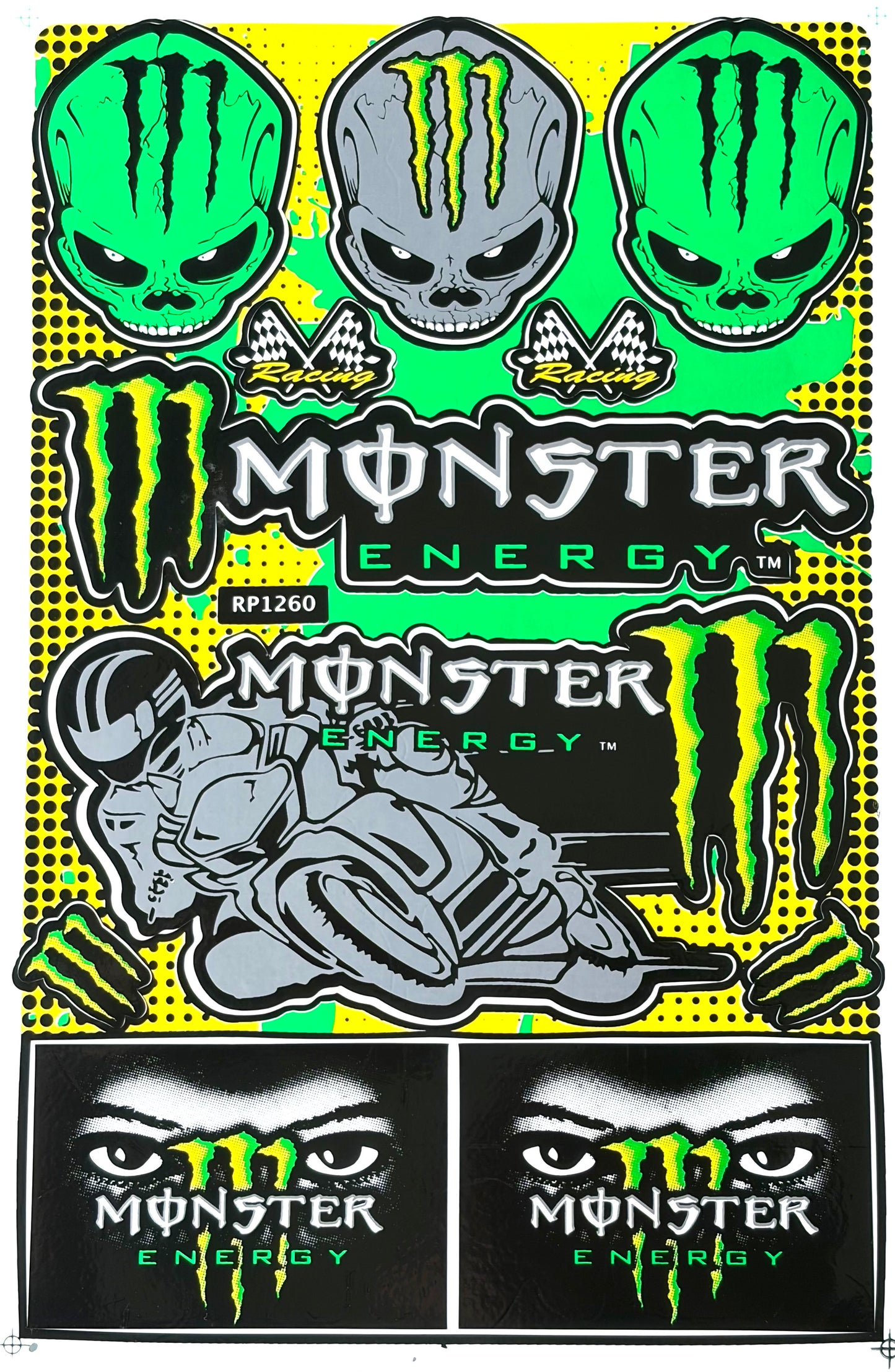 Monster Energy Racing Skull Motocross Sticker Sheet Green Grey Yellow Black RP1260