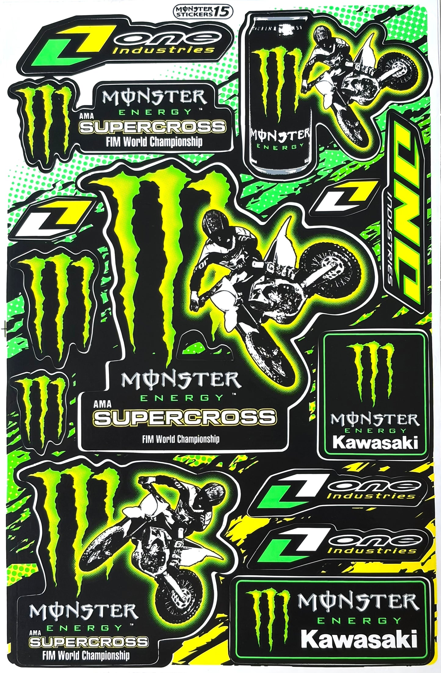 Monster Energy AMA Supercross One Industries Kawasaki Sticker Sheet Green Black Yellow MX Decal Monster Stickers 15