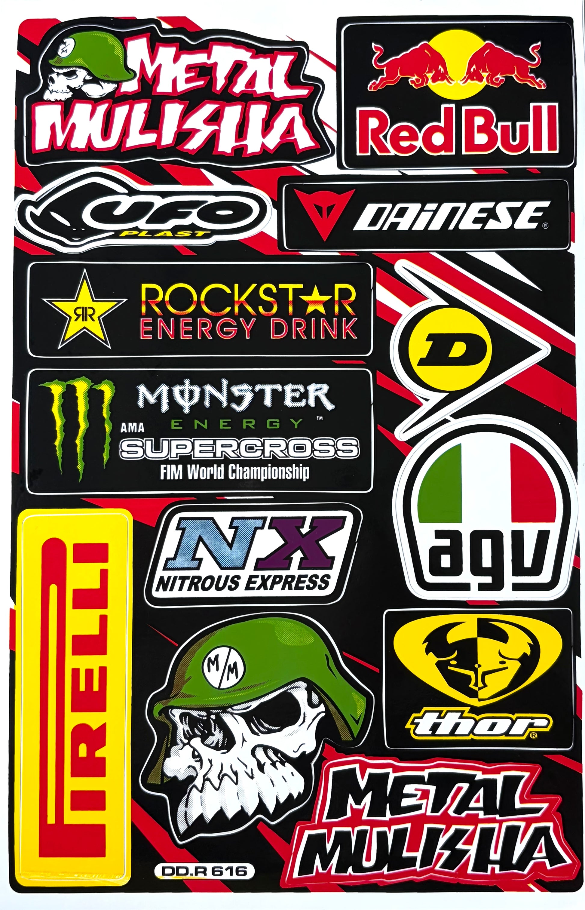 Metal Mulisha UFO Dainese Rockstar Monster Dunlop AGV Pirelli NX Thor Motocross Sticker Sheet DD.R616