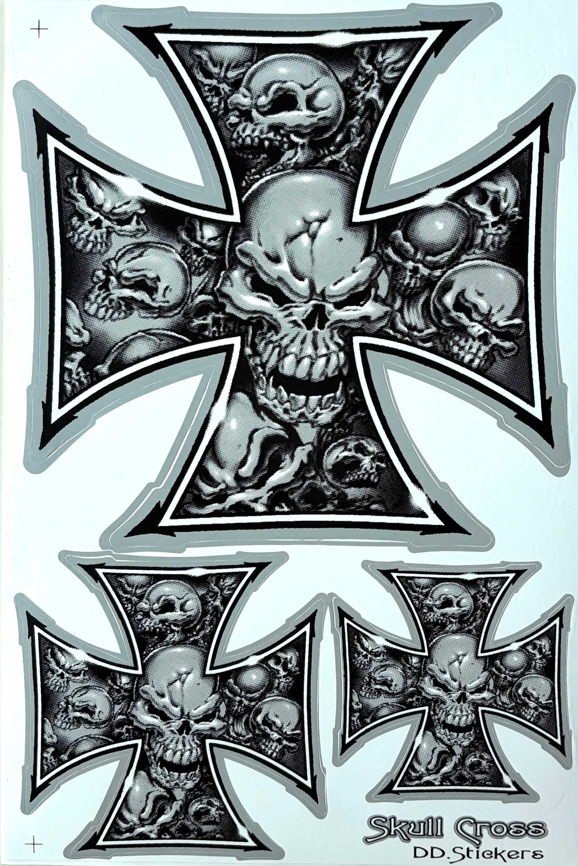 Skull Cross Iron Cross Sticker Sheet Black Grey White Skull Collage Biker Decal DD.Stickers
