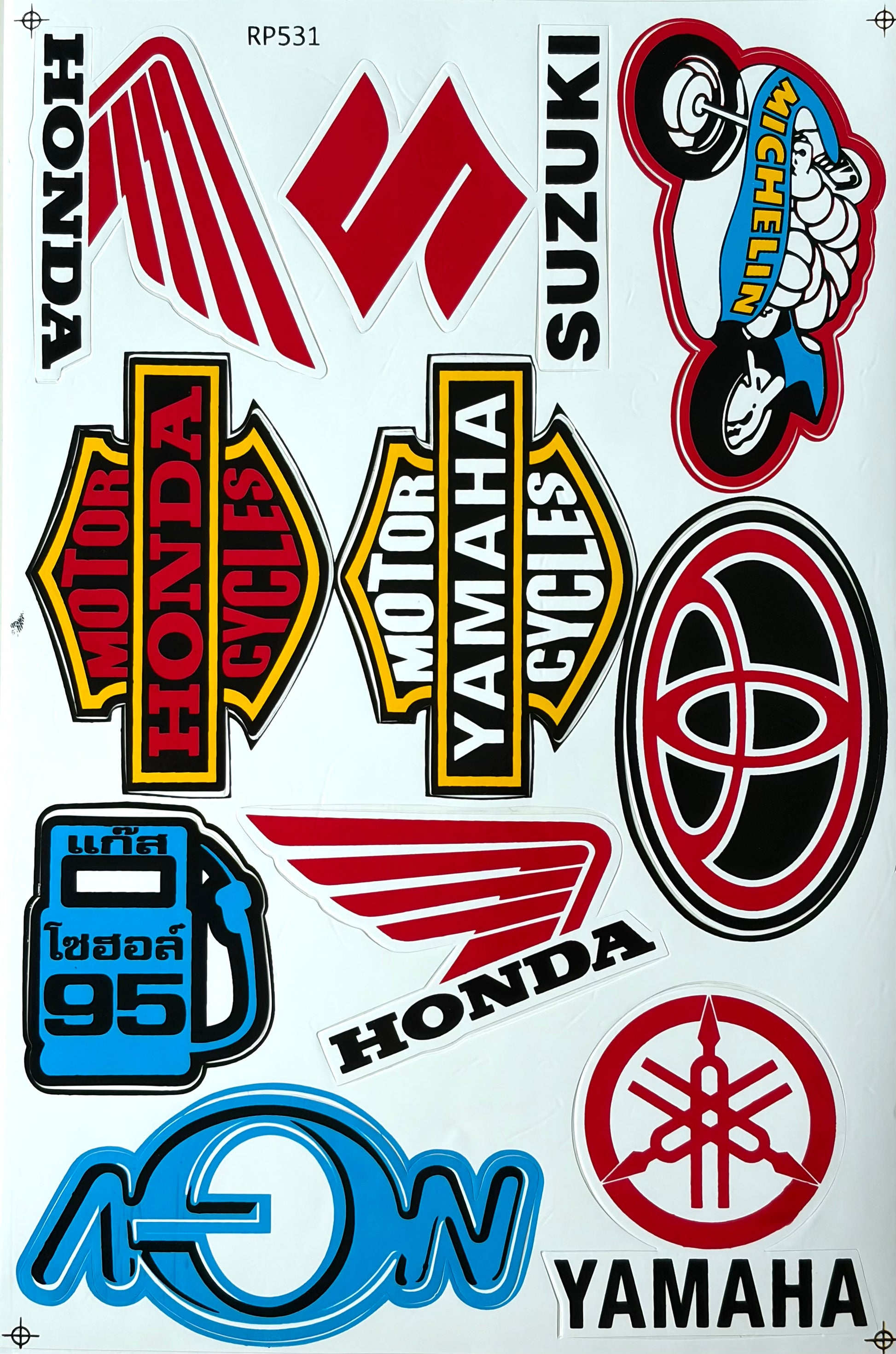 Honda Yamaha Suzuki Multi Brand Motorcycle Sticker Sheet Red Blue Yellow RP531