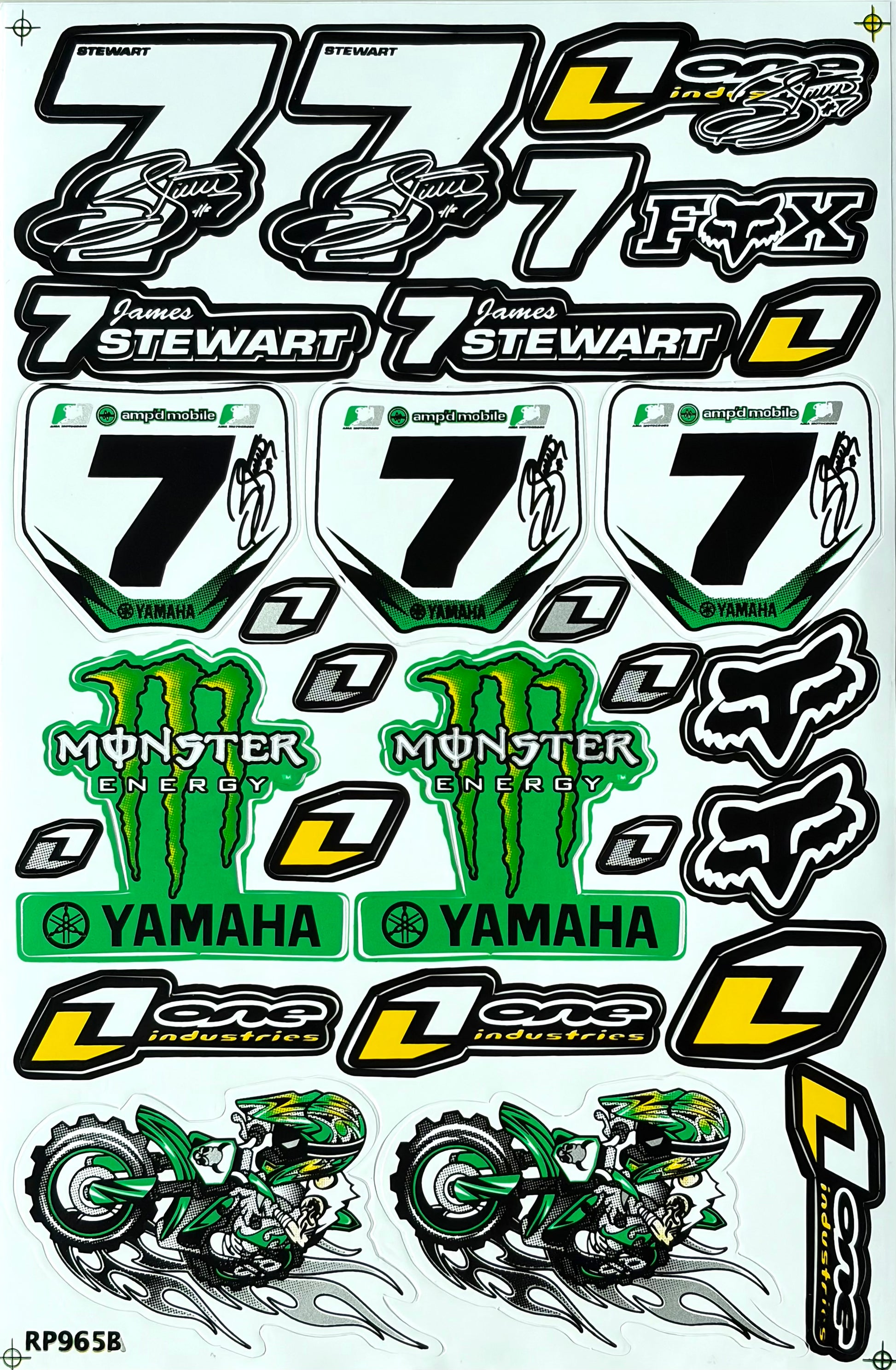 James Stewart #7 Yamaha Monster Energy One Industries Fox Racing Sticker Sheet Green Yellow RP965B