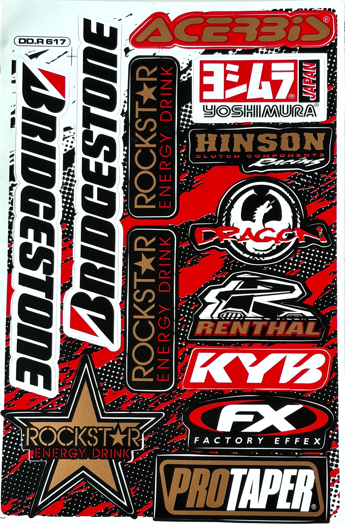 Rockstar Energy Bridgestone Acerbis Yoshimura Renthal KYB Factory Effex Sticker Sheet Red Black DD.R 617