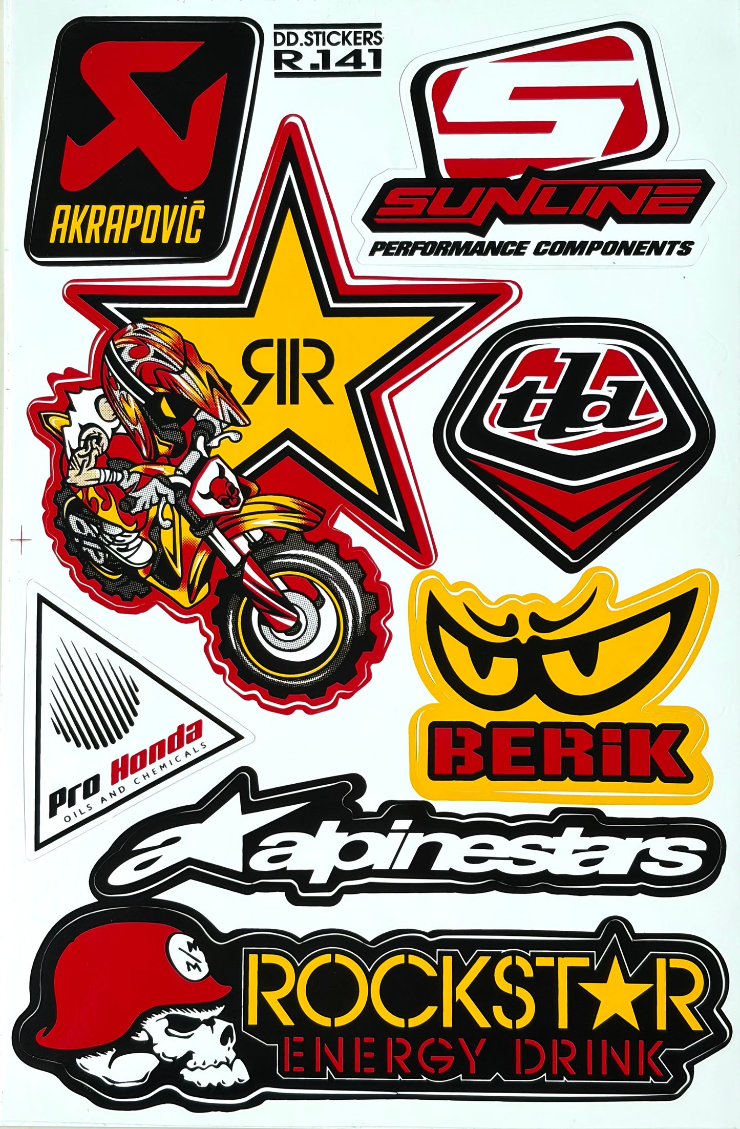Akrapovic Rockstar Energy Troy Lee Designs Alpinestars Berik Sunline Sticker Sheet Red Yellow R.141